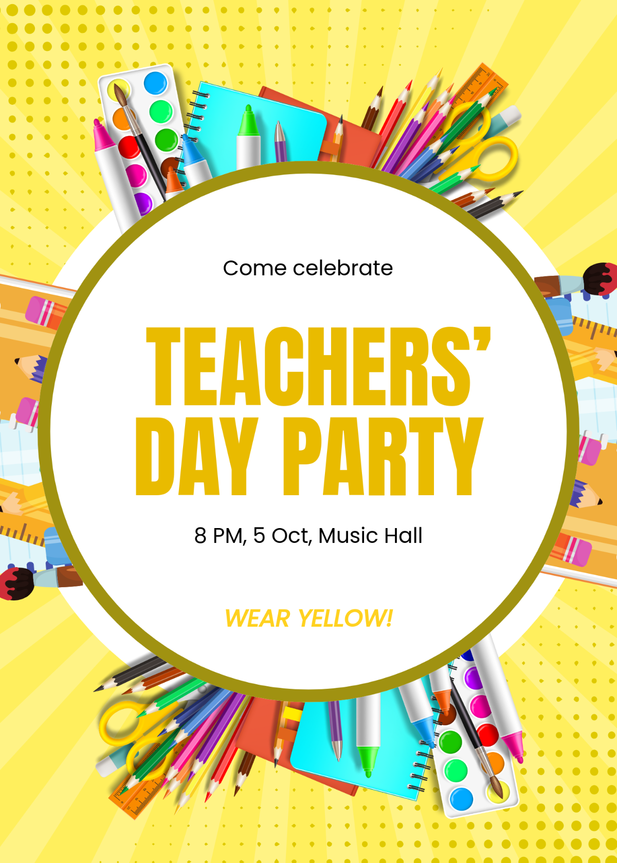 Free Yellow Teachers Day Party Invitation Template to Edit Online