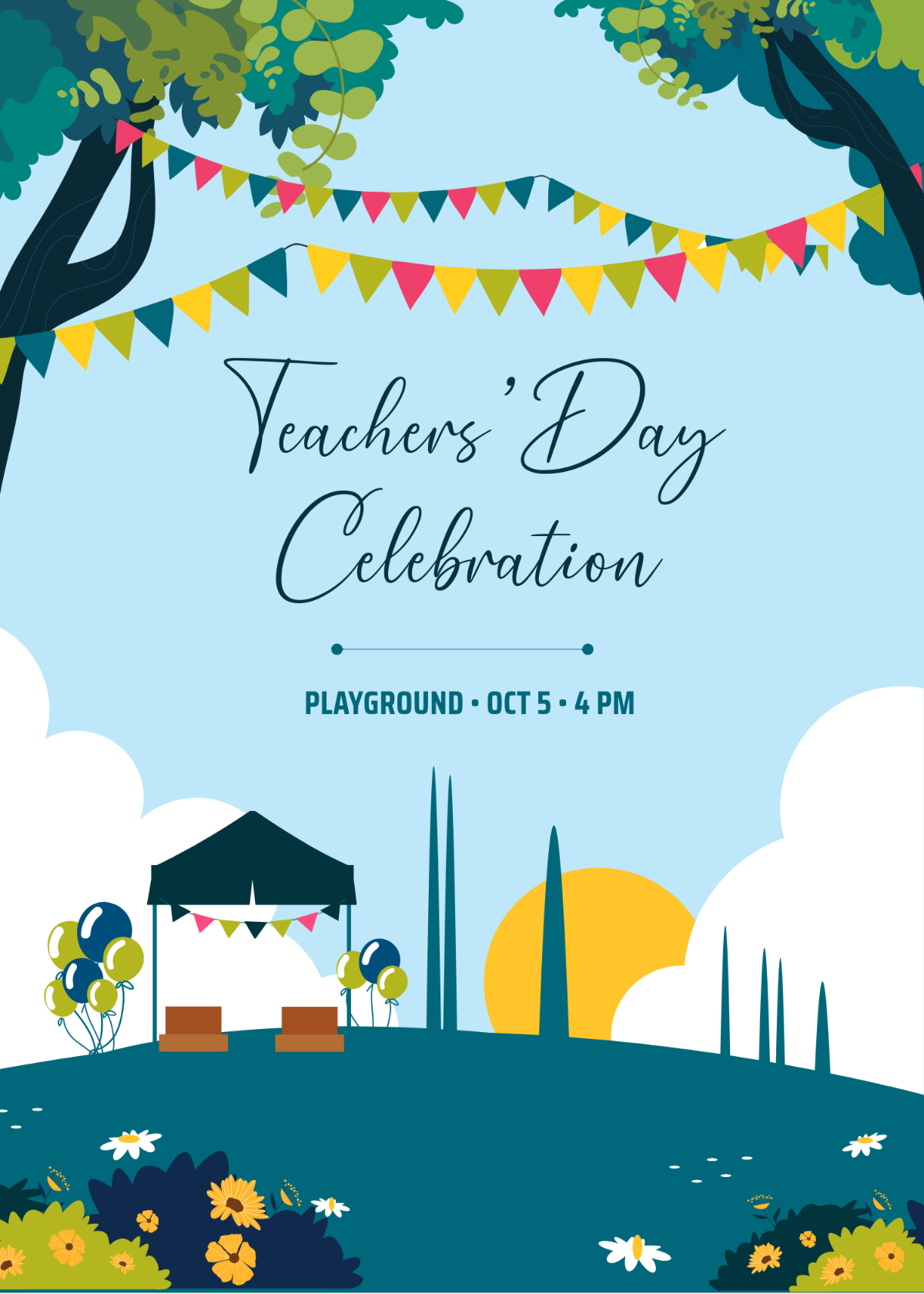 Free Colorful Buntings Teachers Day Invitation Template to Edit Online