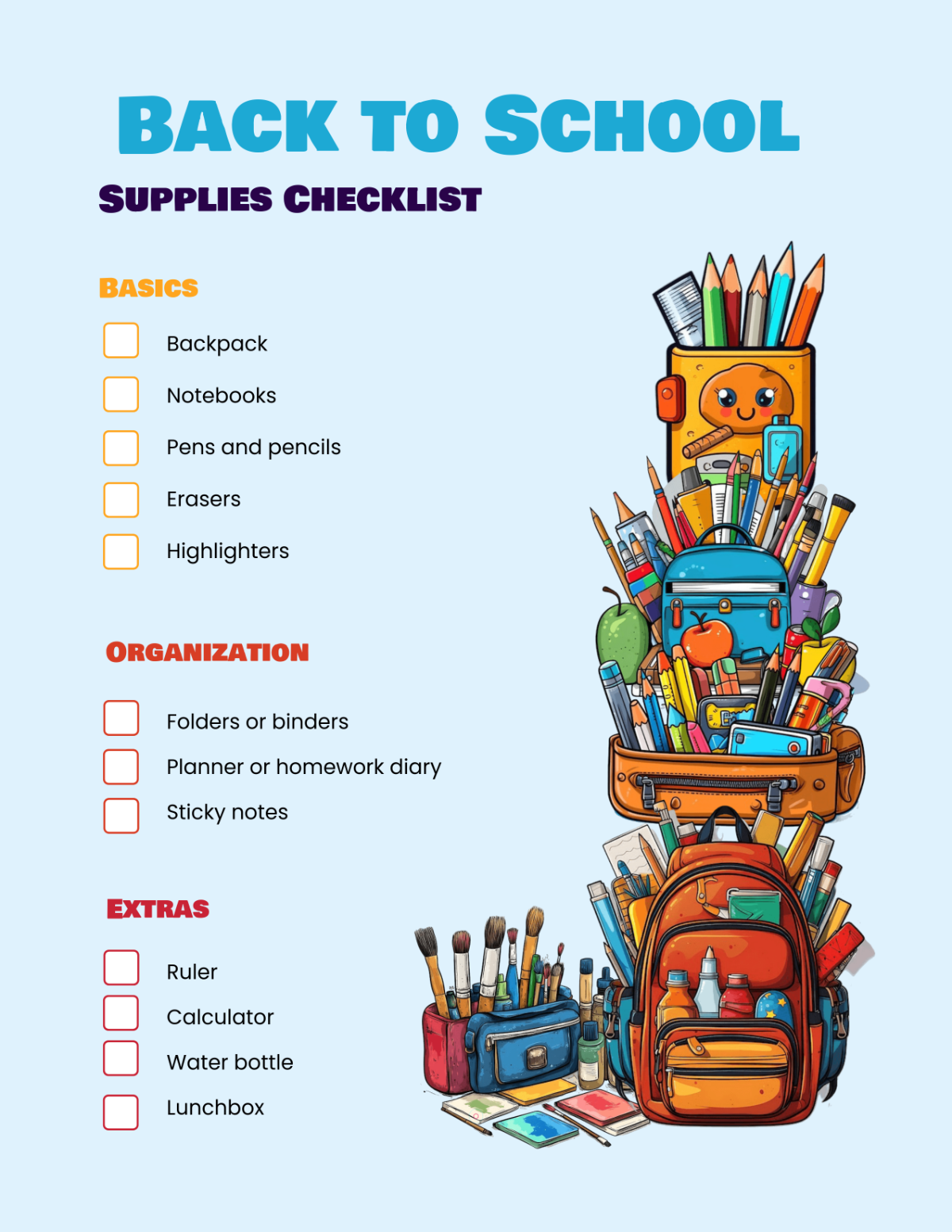 Free Back to School Supplies Checklist Template to Edit Online