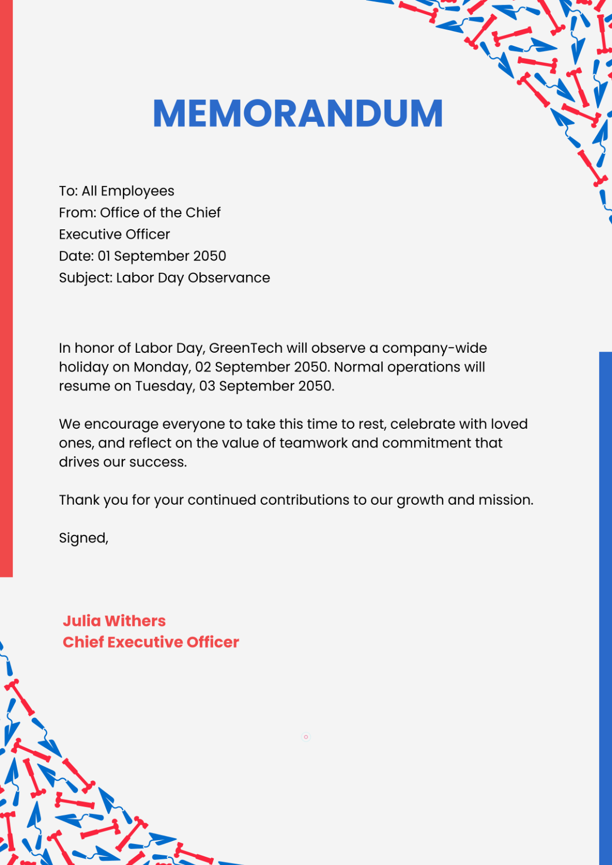 Free Labor Day Memo Template to Edit Online