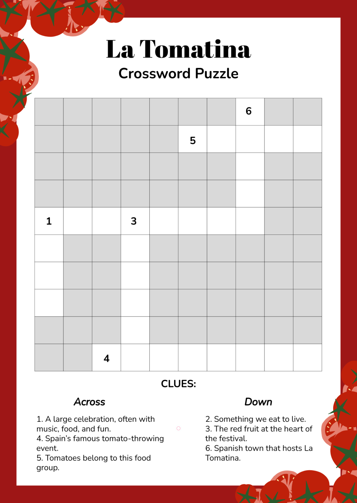 La Tomatina Crossword Puzzle Template to Download