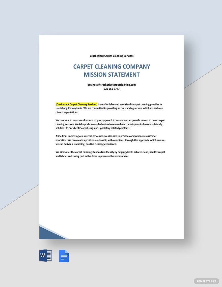 Carpet Cleaning Company Mission Statement Template in Word, Google Docs