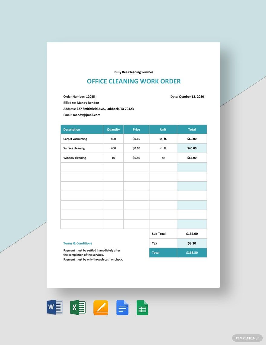 Cleaning Order Template in Google Sheets