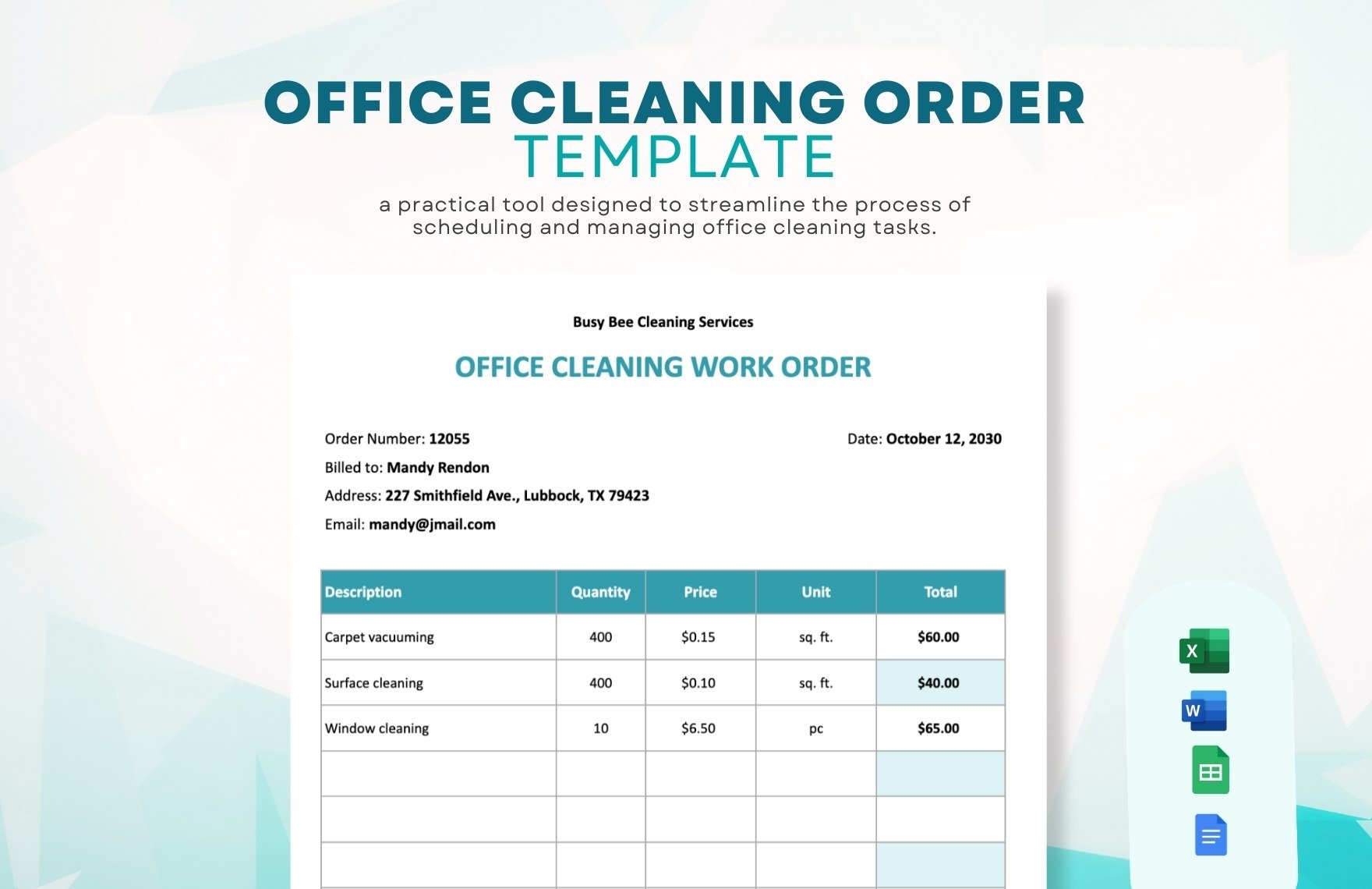 Office Cleaning Order Template in Word, Google Docs, Excel, Google Sheets