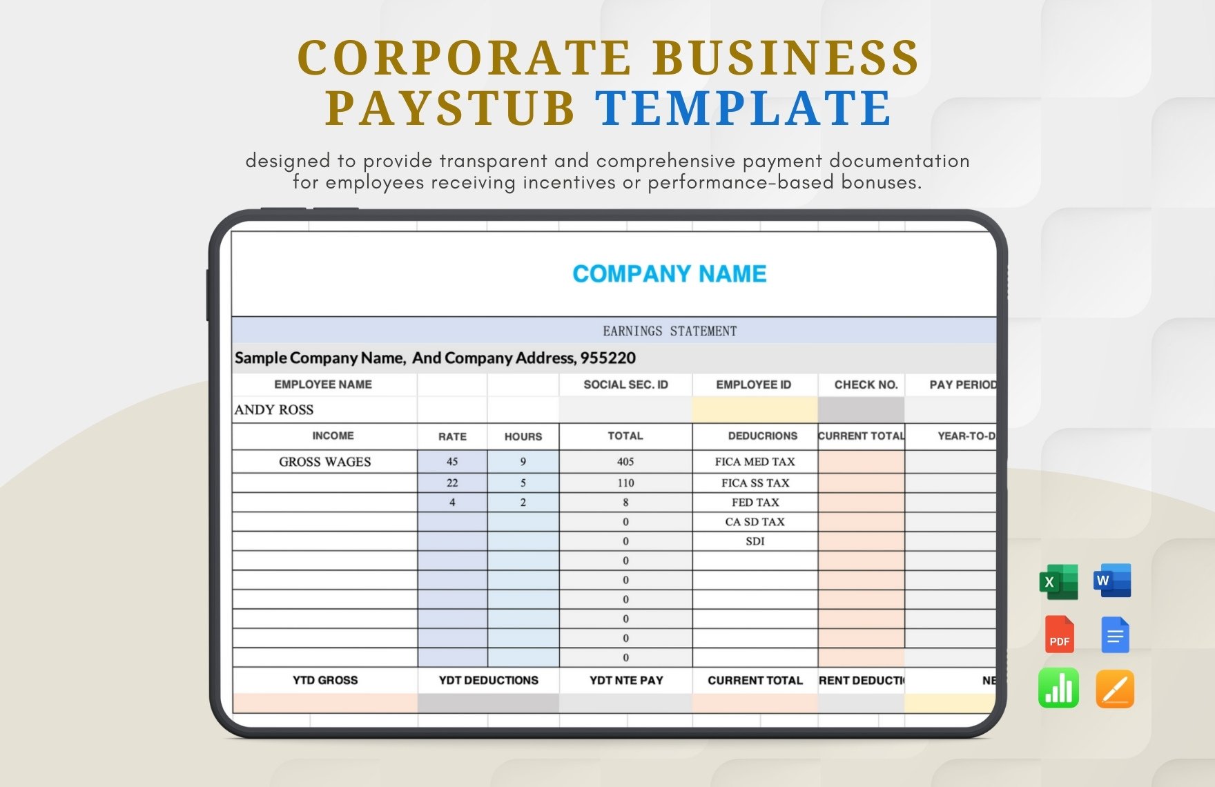 Corporate Business Pay Stub Template in Word, Google Docs, Excel, PDF, Apple Pages, Apple Numbers