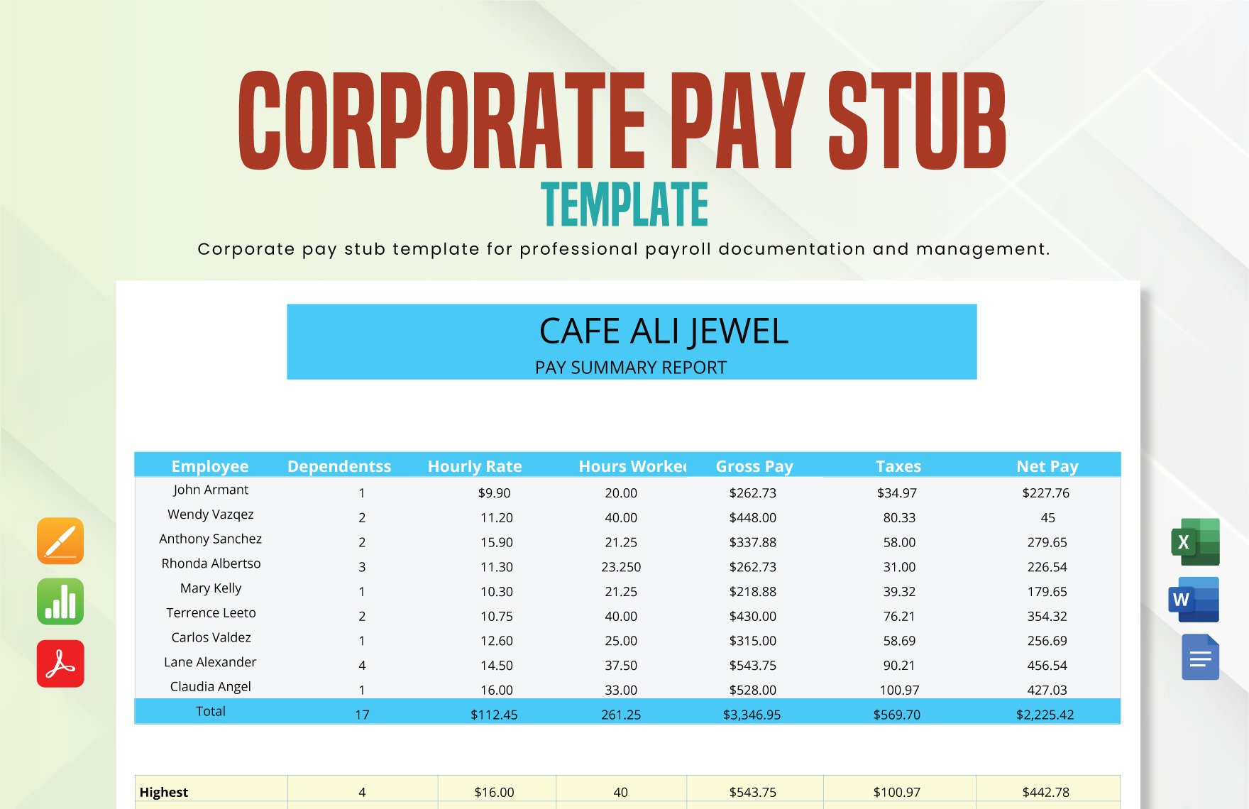 Corporate Pay Stub Template in Word, Google Docs, Excel, PDF, Apple Pages, Apple Numbers