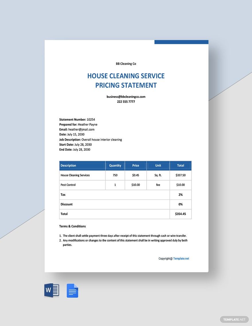 Free Simple Cleaning Service Statement Template