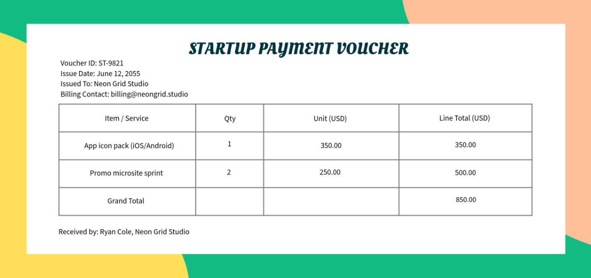Free Colorful Startup Payment Voucher Template to Edit Online