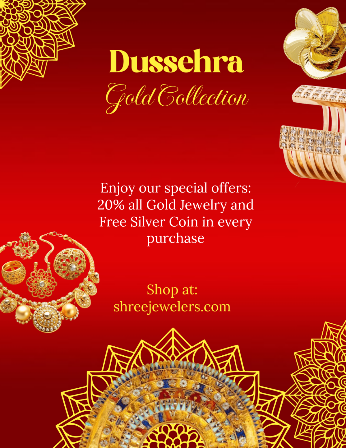 Free Gold Dussehra Jewelry Flyer Template to Edit Online