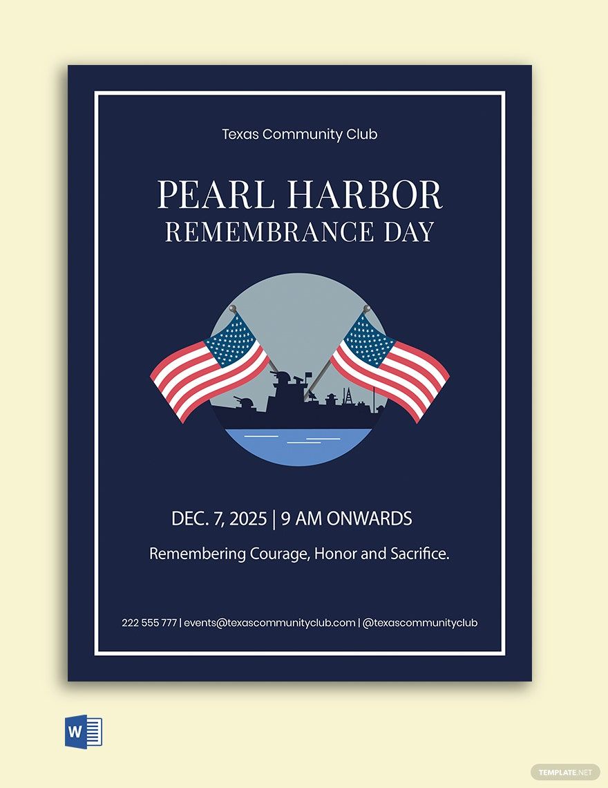 Free Pearl Harbor remembrance Day flyer template in Word, Google Docs, Apple Pages, Publisher