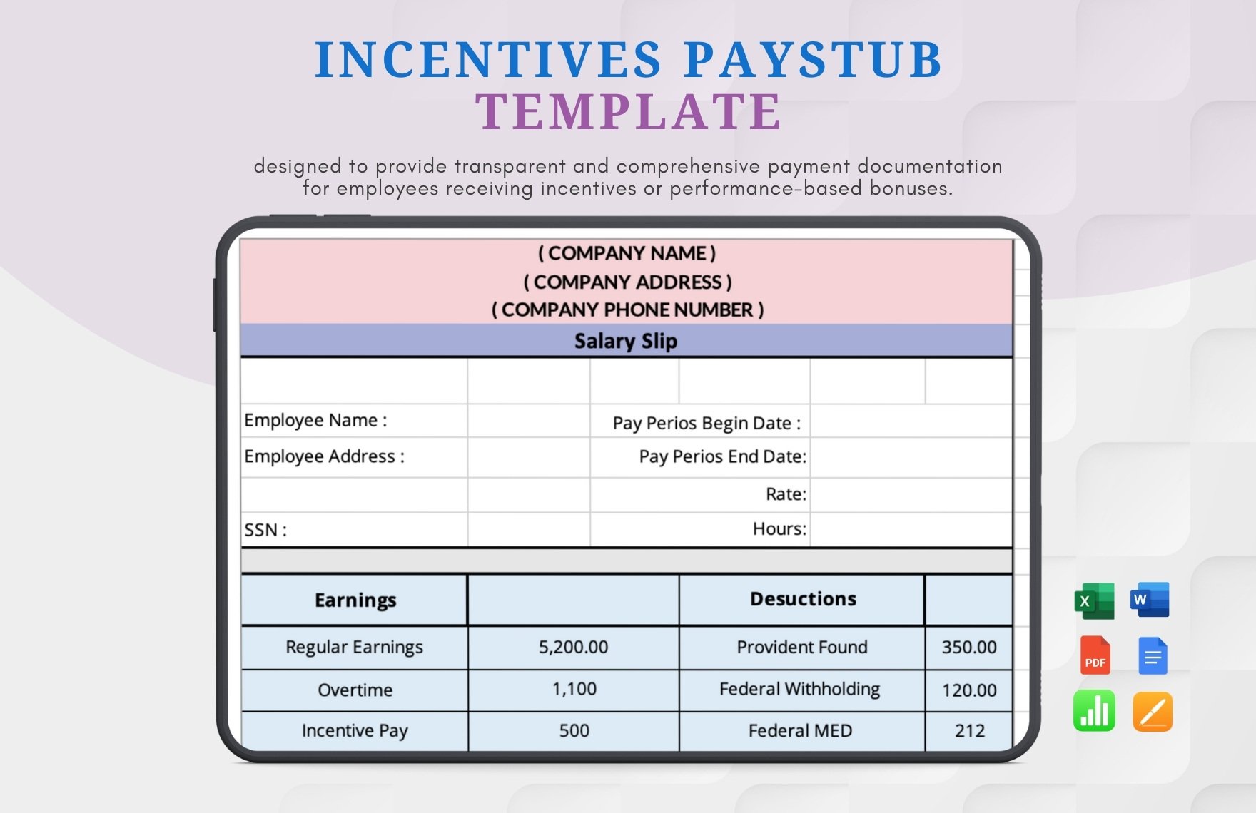 Incentives Pay Stub Template in Word, Google Docs, Excel, PDF, Apple Pages, Apple Numbers