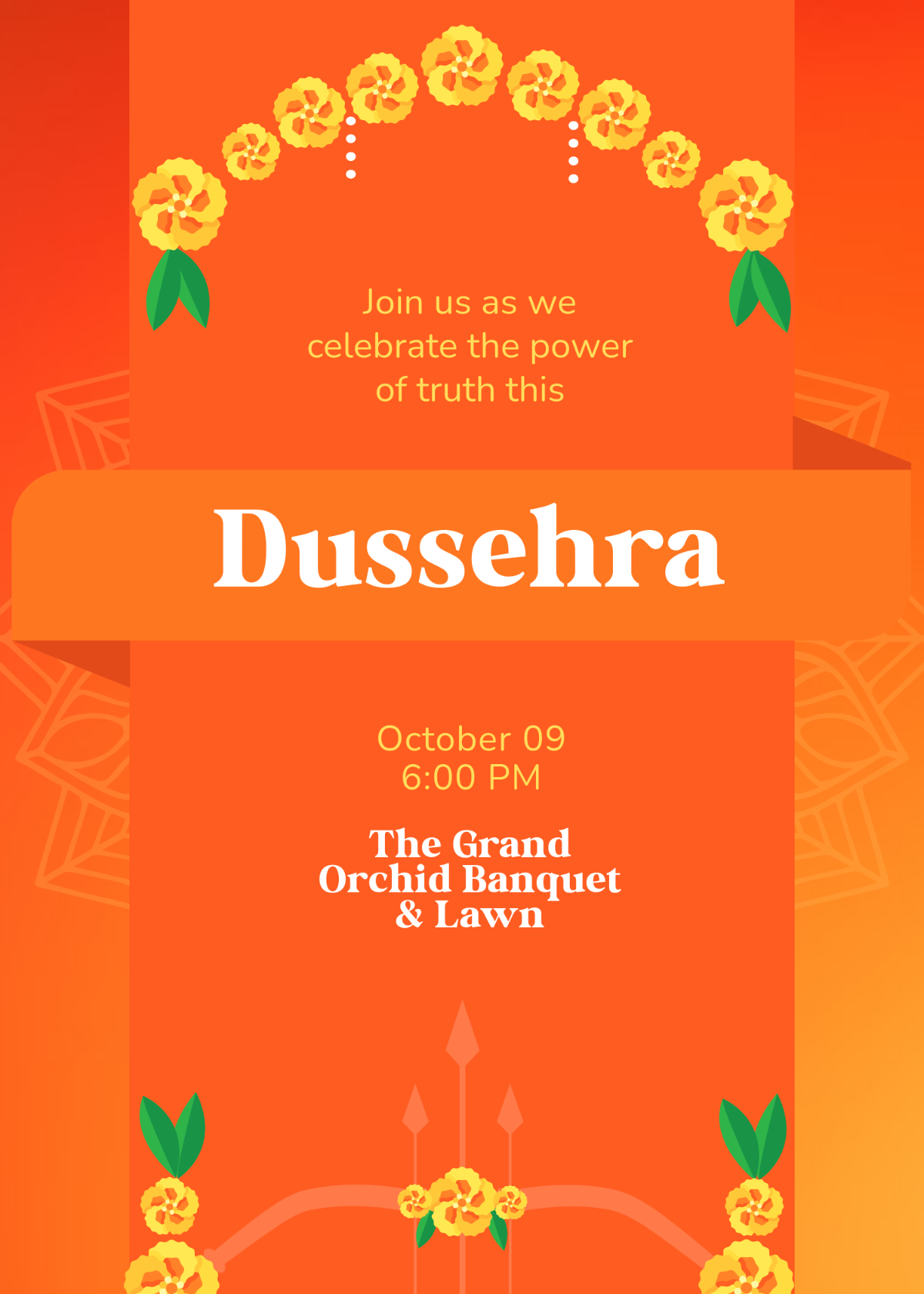 Free Orange Garland Dussehra Invitation Template to Edit Online