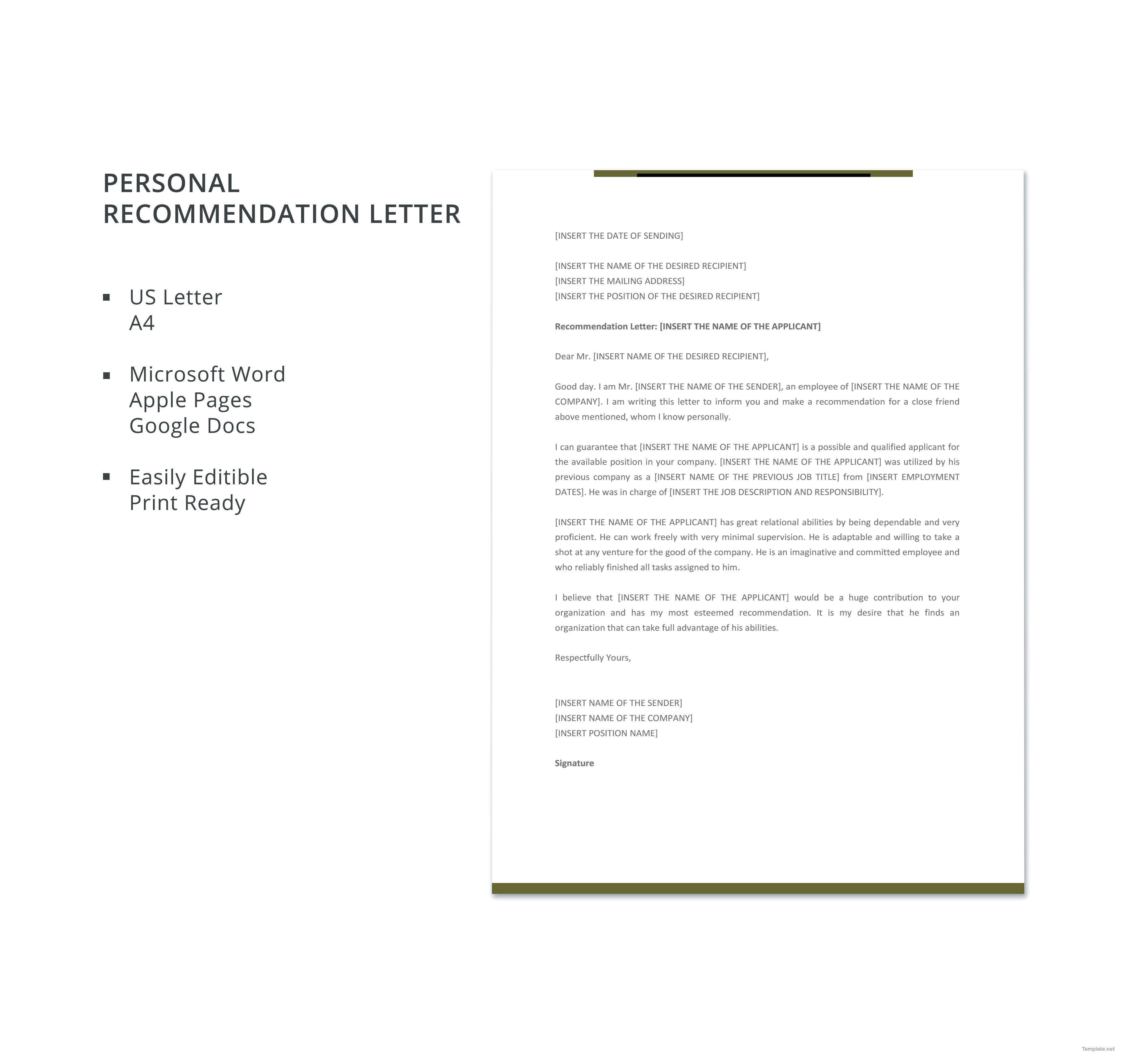 Free Personal Recommendation Letter Template In Microsoft Word Apple Pages Google Docs