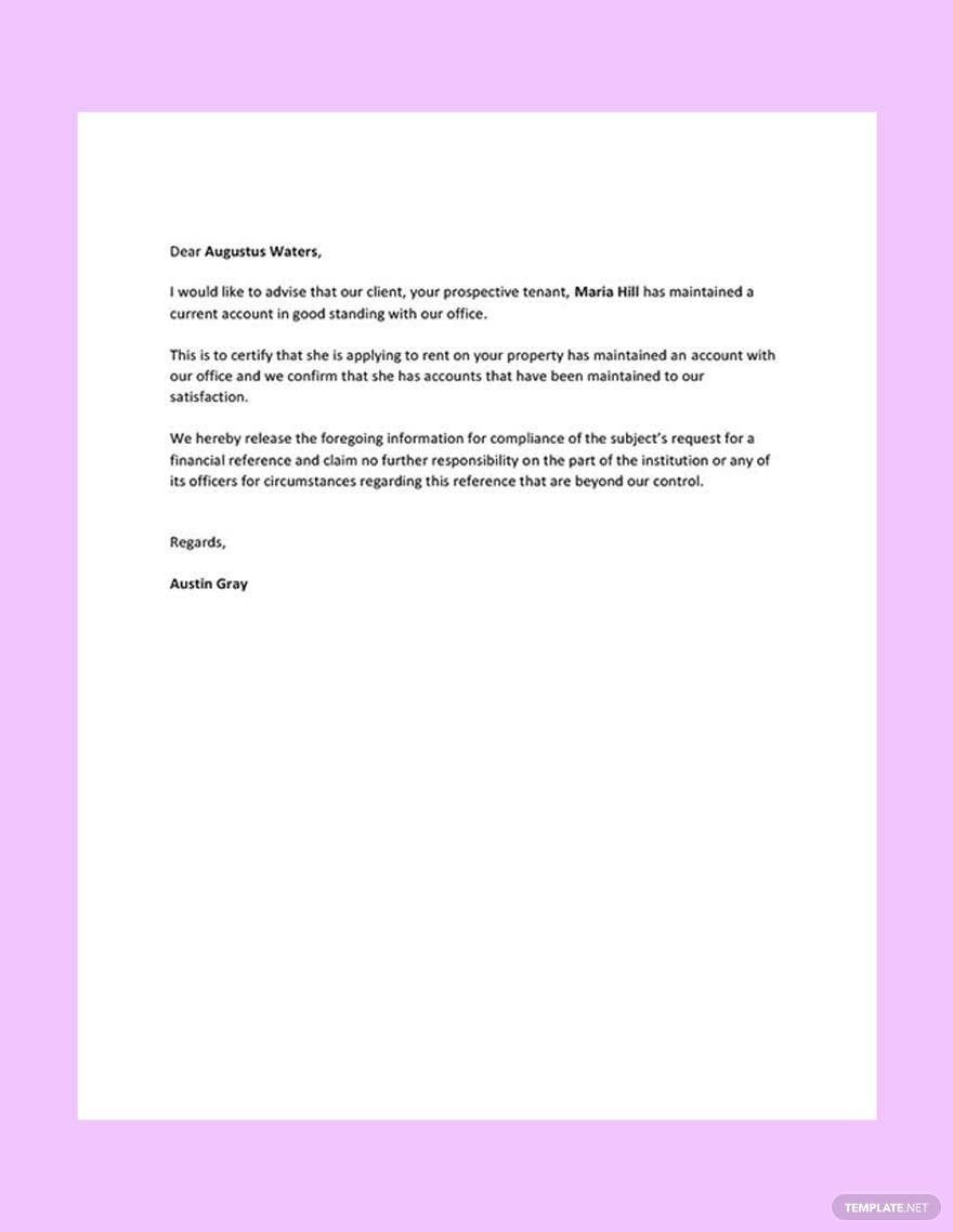 Financial Reference Letter for Landlord Template