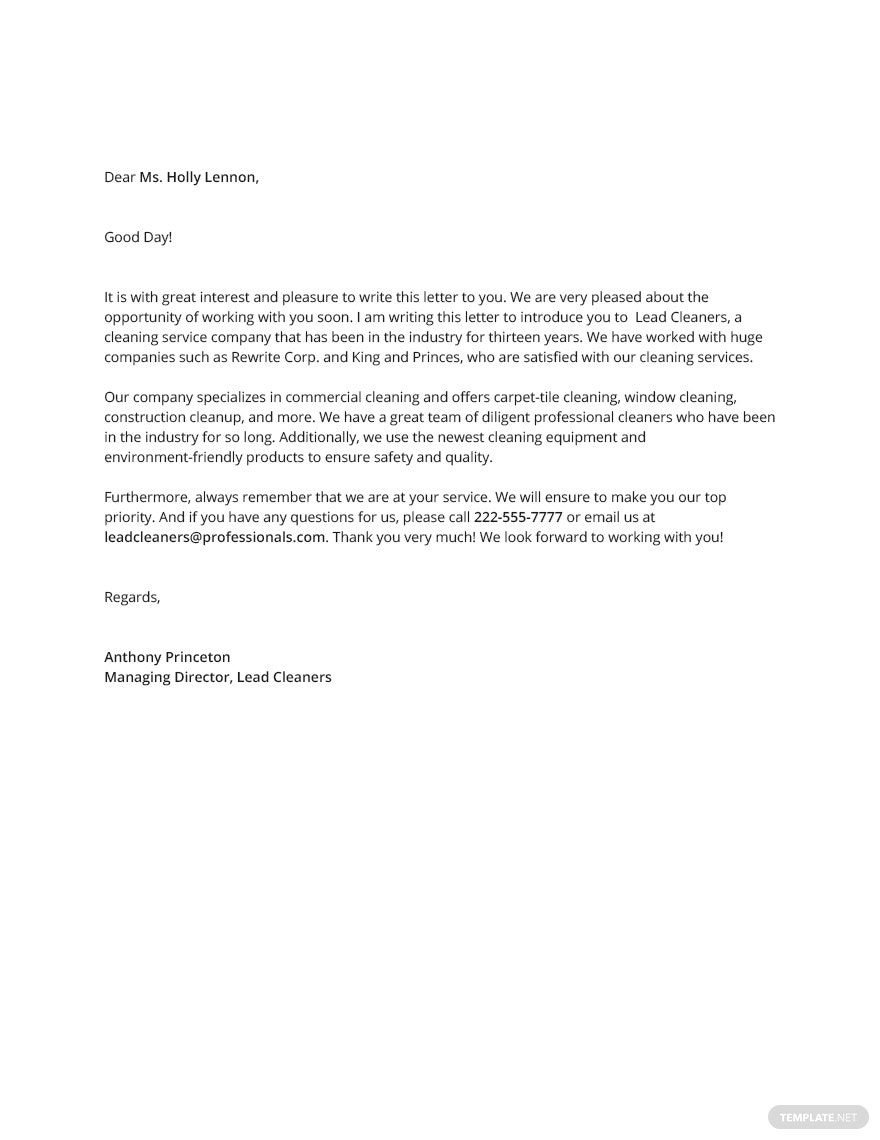 Cleaning Services Introduction Letter Sample Template