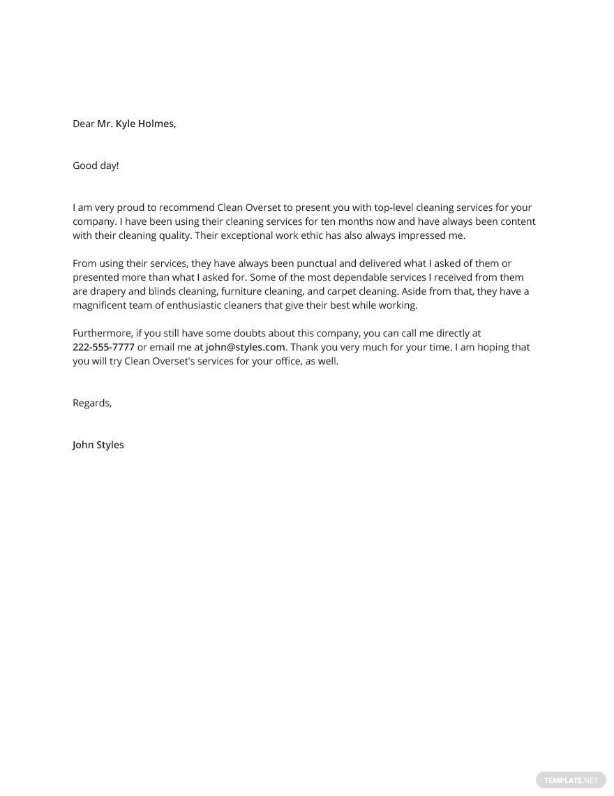 Cleaning Services Recommendation Letter Template