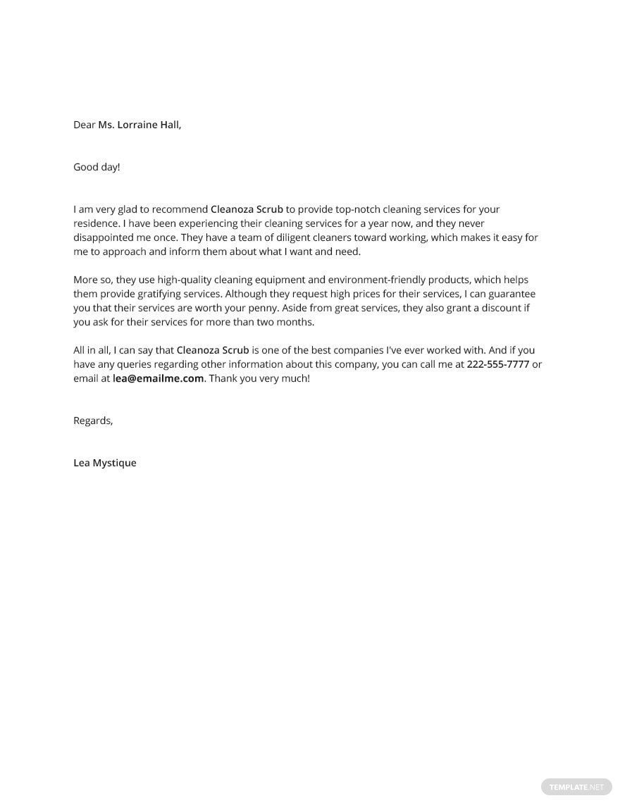 Free Cleaning Services Reference Letter Template