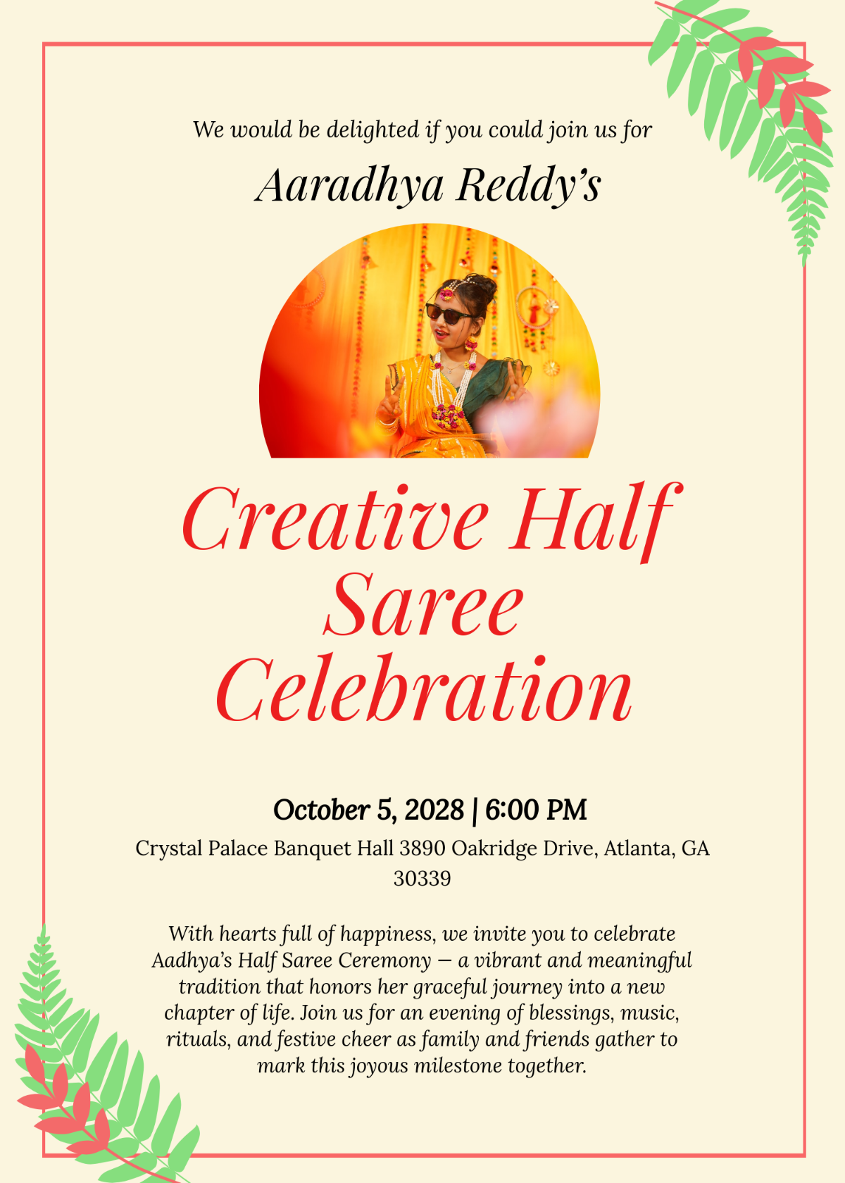 Free Creative Half Saree Invitation Template to Edit Online