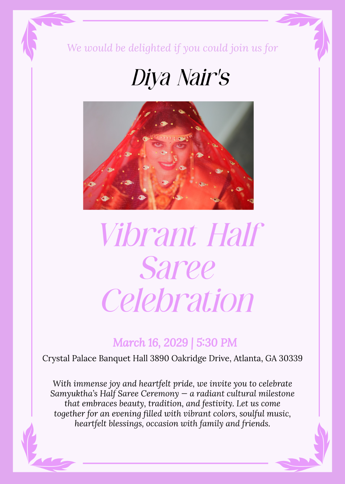 Free Vibrant Half Saree Invitation Template to Edit Online