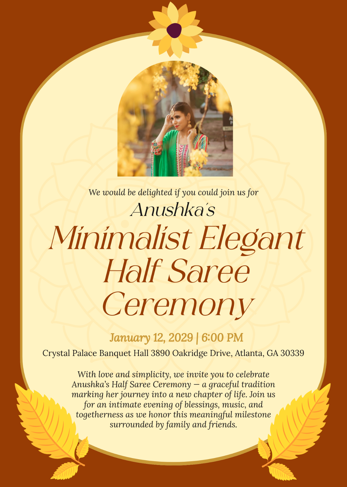 Free Minimalist Half Saree Invitation Template to Edit Online
