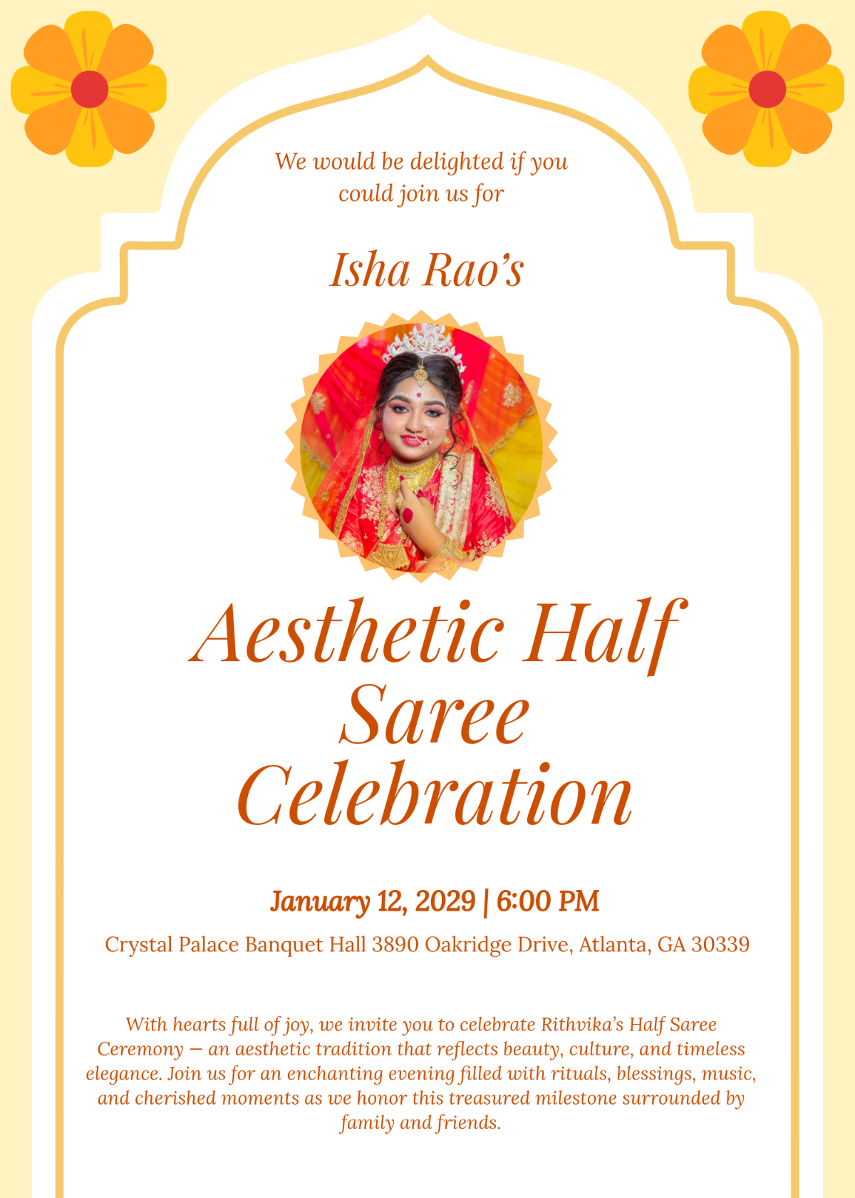 Free Aesthetic Half Saree Invitation Template to Edit Online