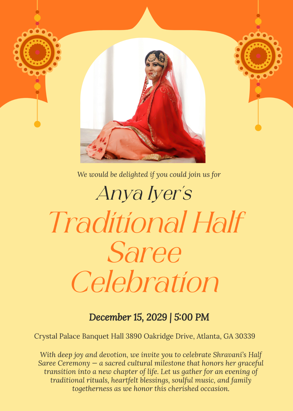 Free Traditional Half Saree Invitation Template to Edit Online
