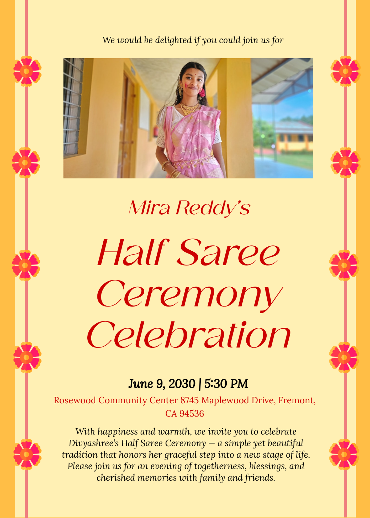 Free Simple Half Saree Invitation Template to Edit Online