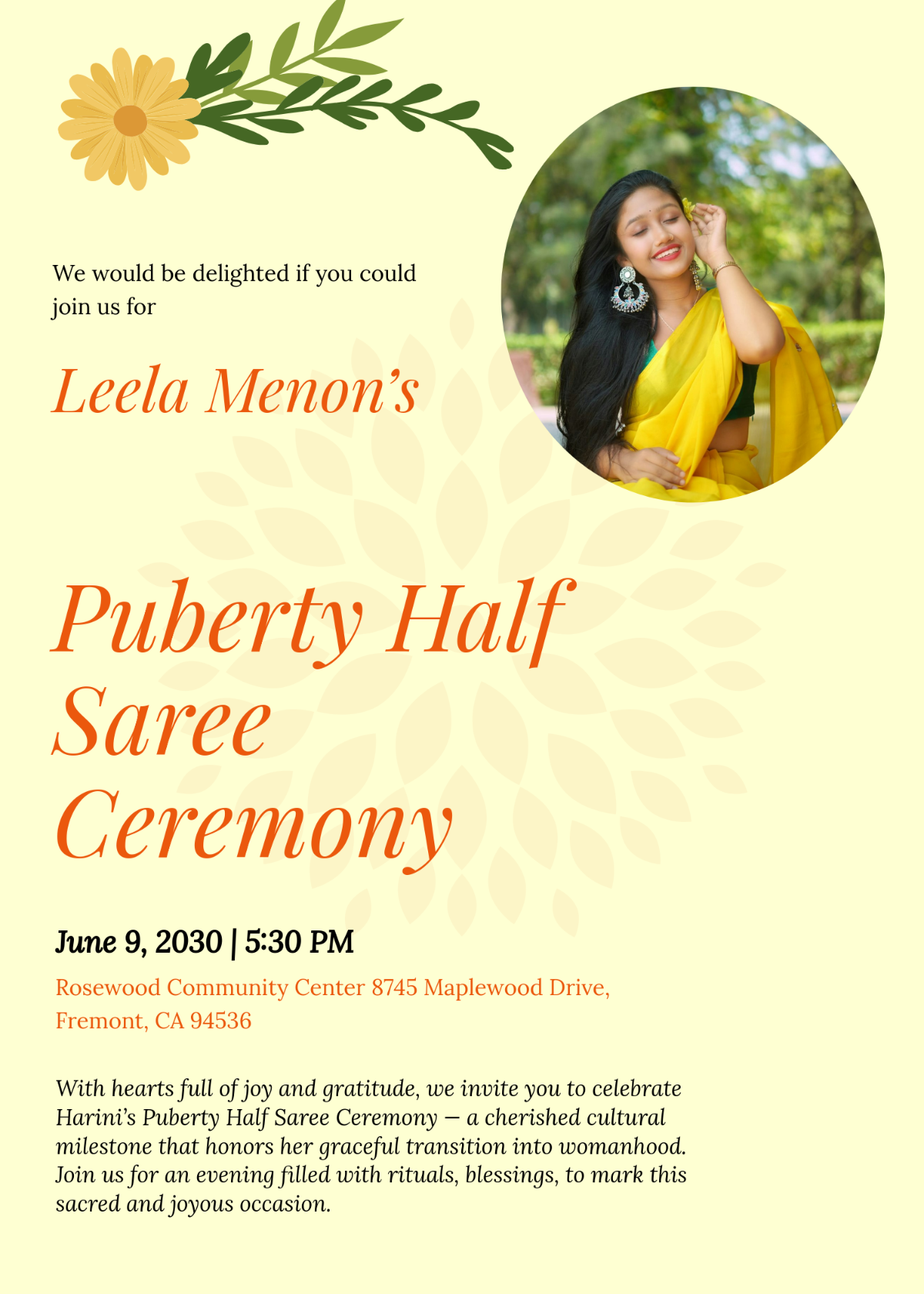 Free Puberty Half Saree Invitation Template to Edit Online