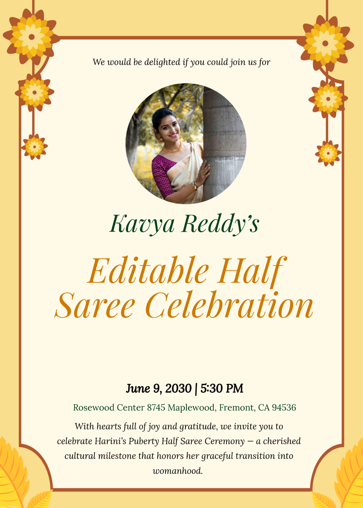 Free Editable Half Saree Invitation Template to Edit Online