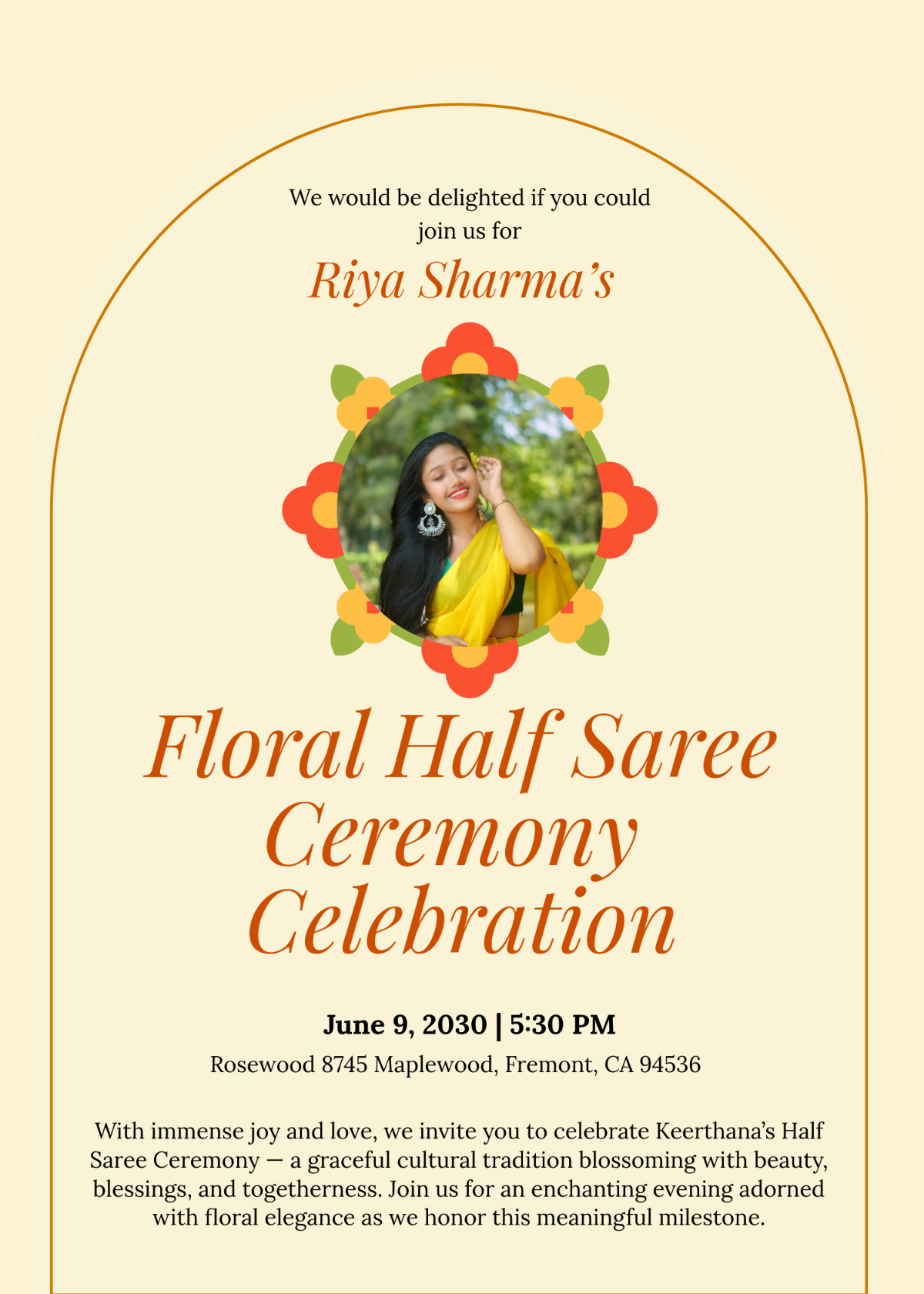 Free Floral Half Saree Invitation Template to Edit Online