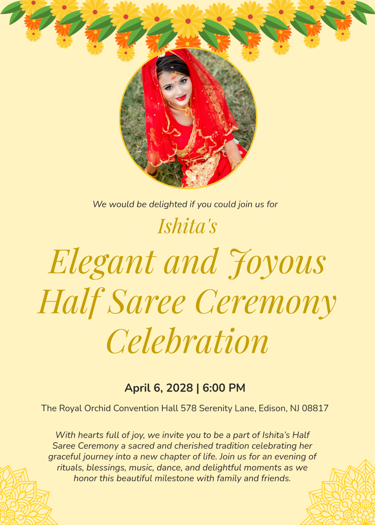Free Half Saree Invitation Design Template to Edit Online