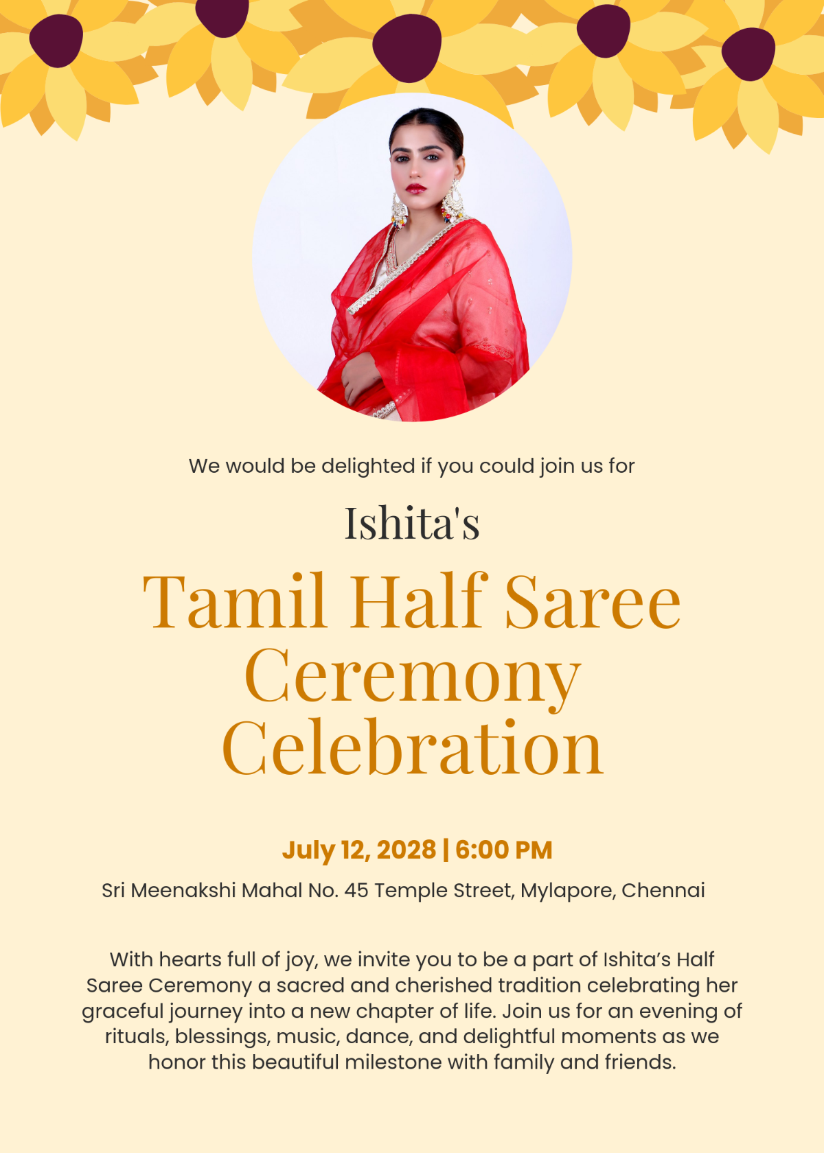 Free Tamil Half Saree Invitation Template to Edit Online