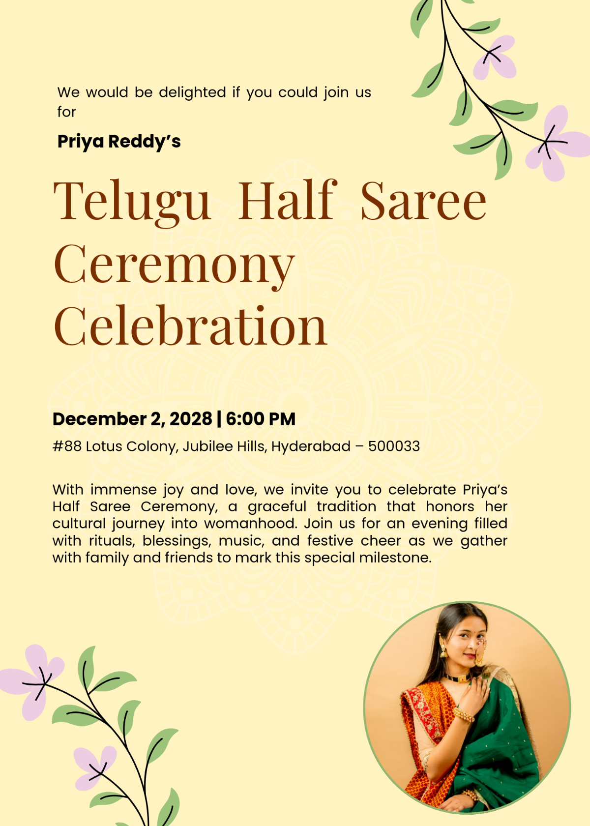 Free Telugu Half Saree Invitation Template to Edit Online