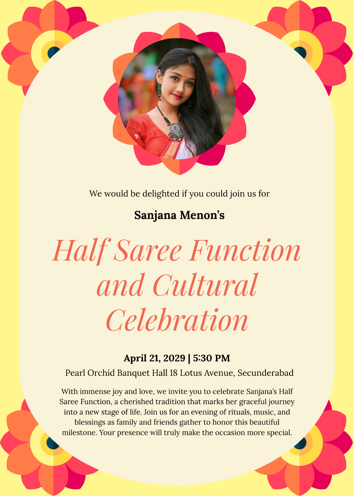 Free Half Saree Function Invitation Template to Edit Online
