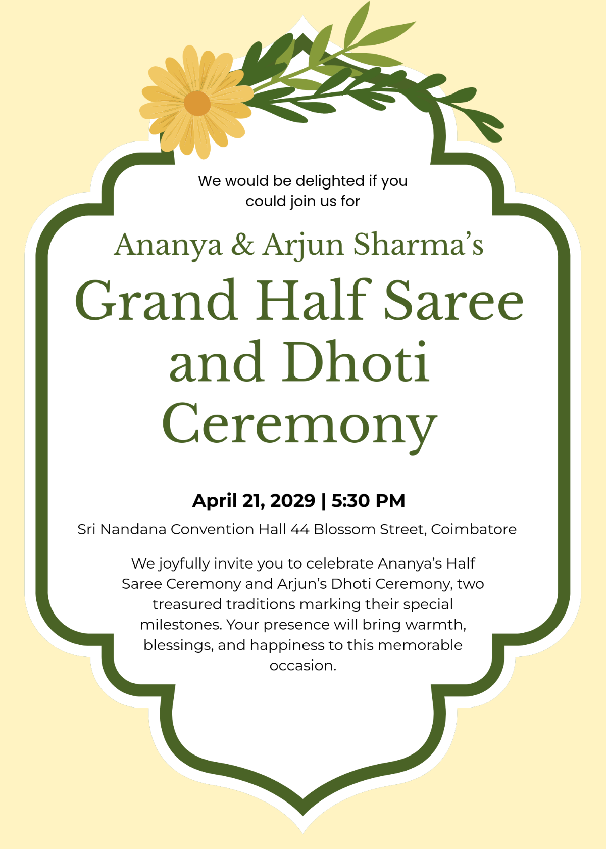 Free Half Saree & Dhoti Ceremony Invitation Template to Edit Online