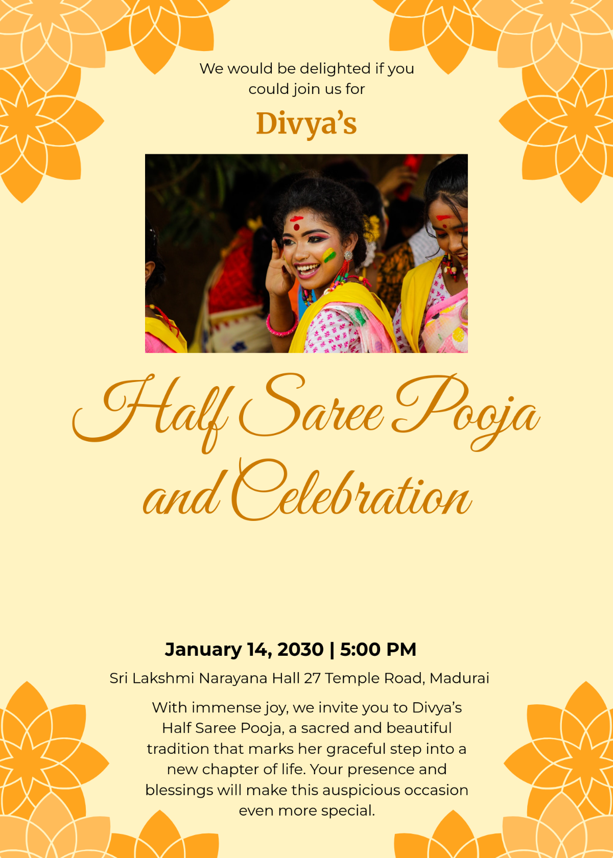 Free Half Saree Pooja Invitation Template to Edit Online