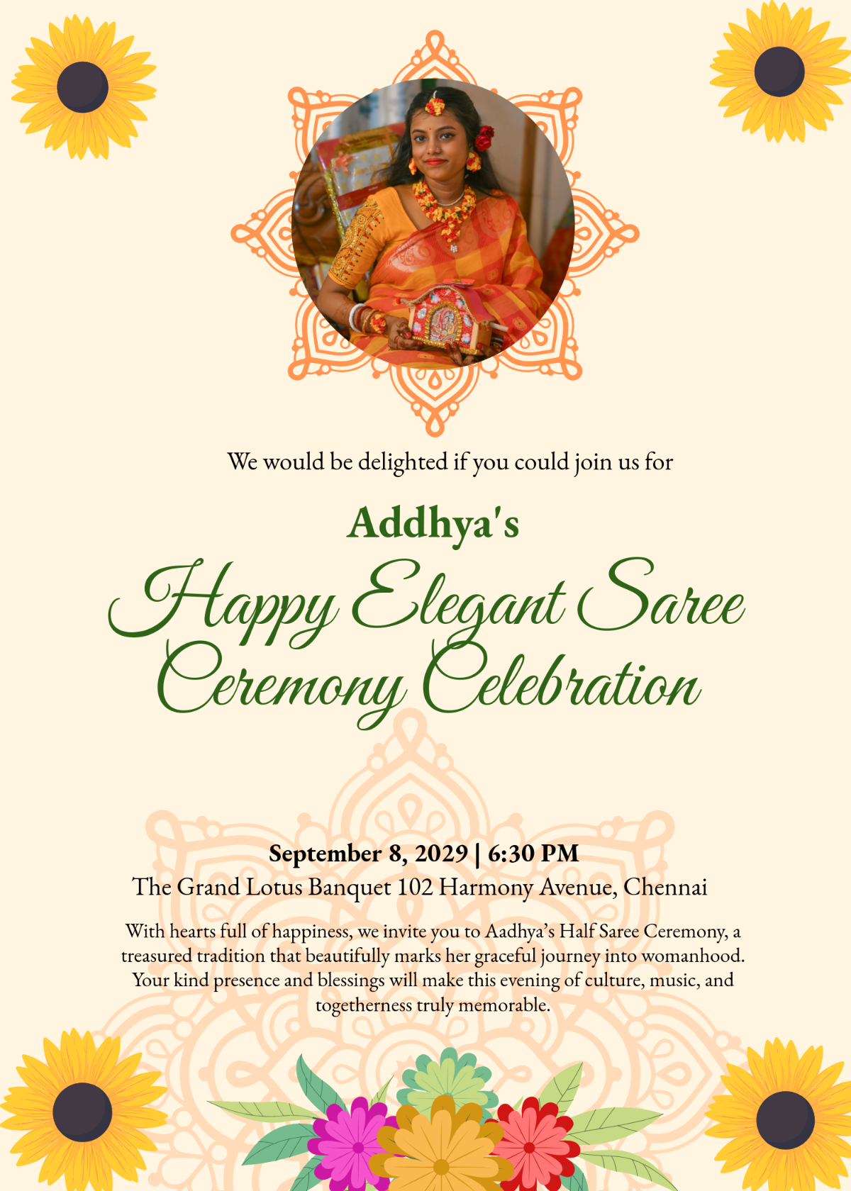 Free Elegant Half Saree Invitation Template to Edit Online