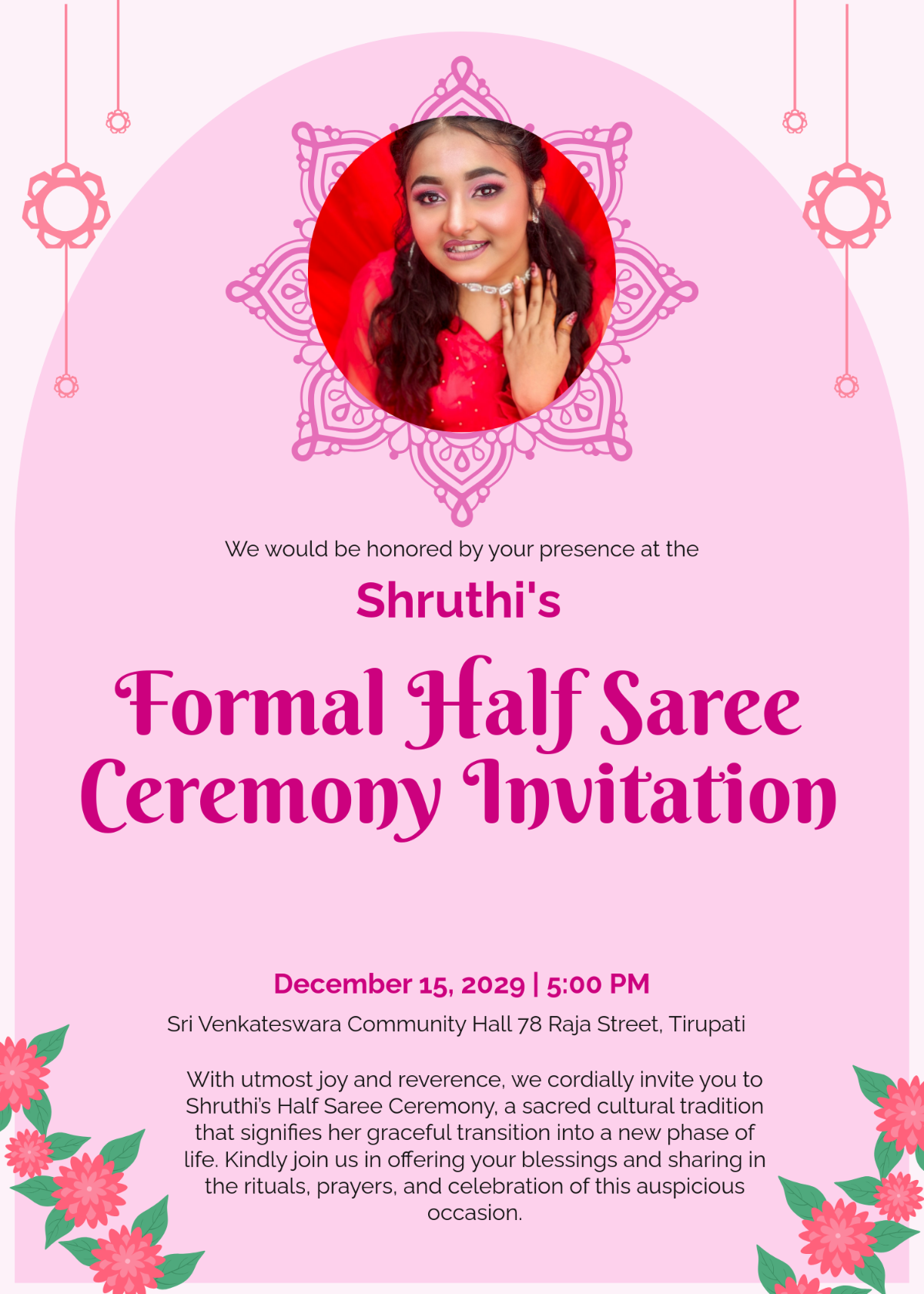 Free Formal Half Saree Invitation Template to Edit Online