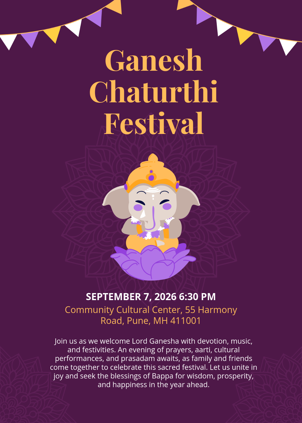 Free Ganesh Chaturthi Festival Invitation Template to Edit Online