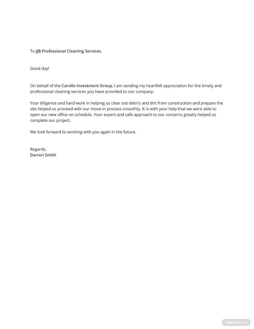 Letter of Appreciation for Cleaning Service