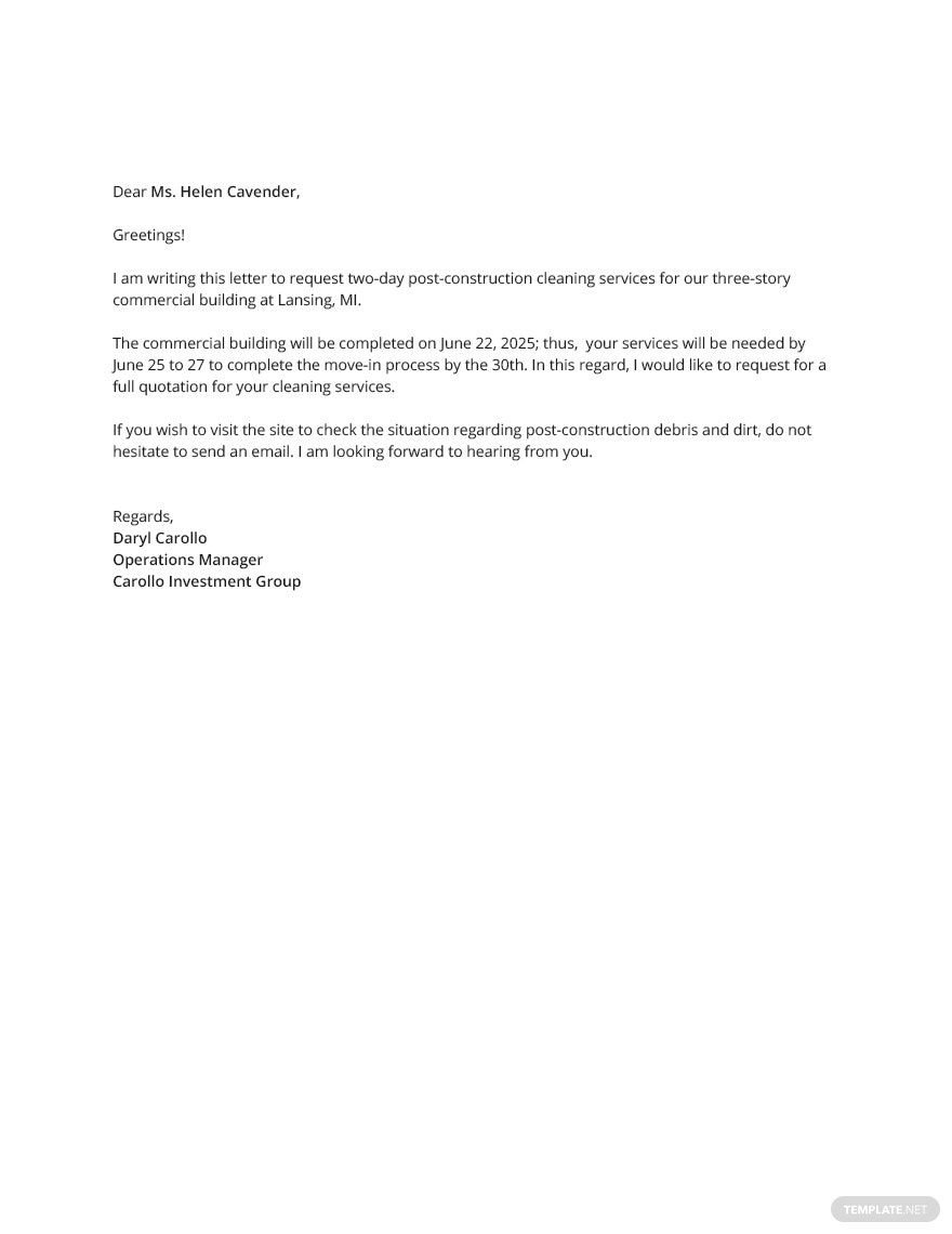 Free Request Letter for Cleaning ServiceRequest Letter for Cleaning Service Template