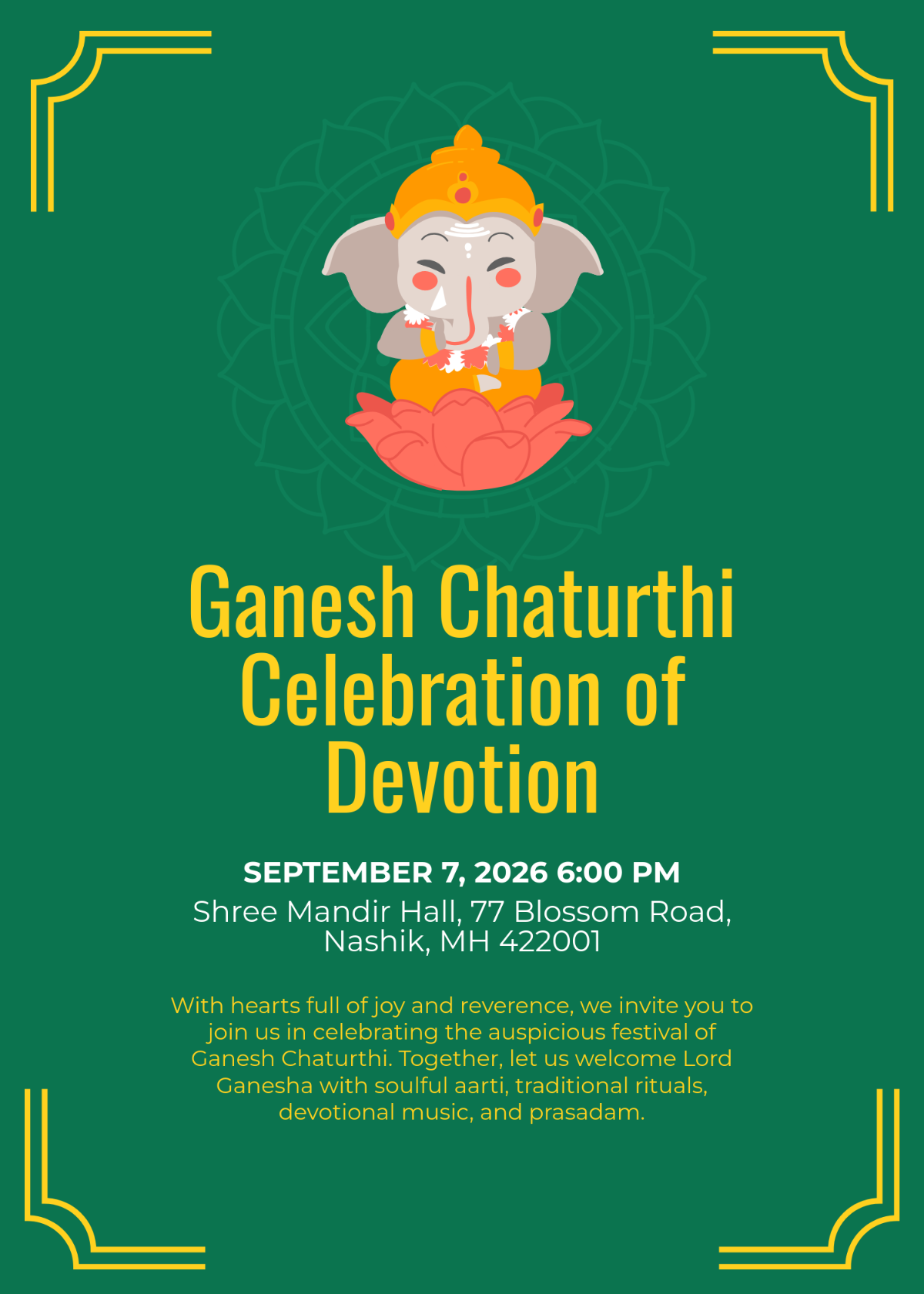 Free Ganesh Chaturthi Wording Invitation Template to Edit Online