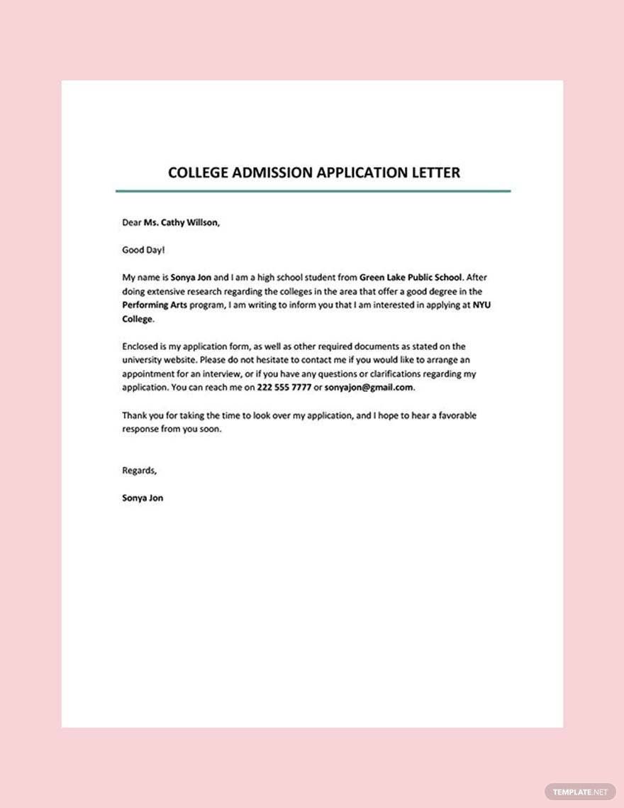 College Admission Application Letter Template