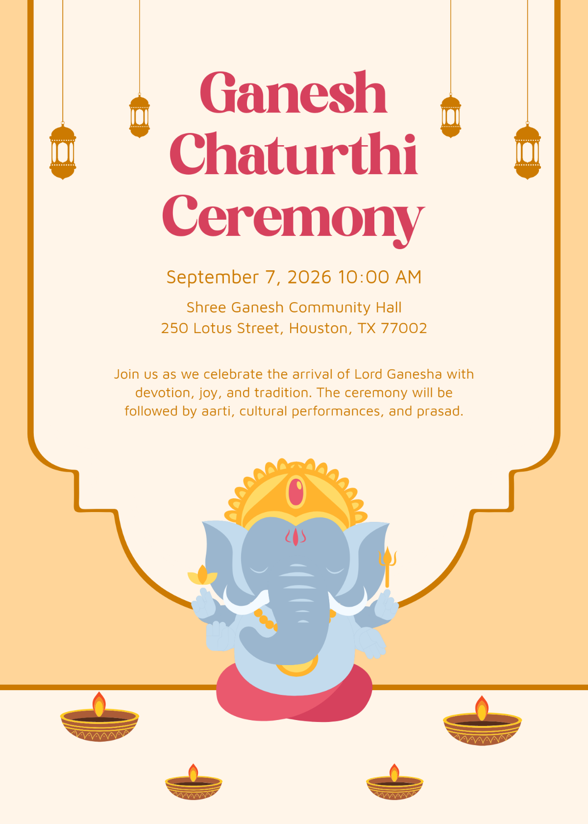 Free Ganesh Chaturthi Ceremony Invitation Template to Edit Online