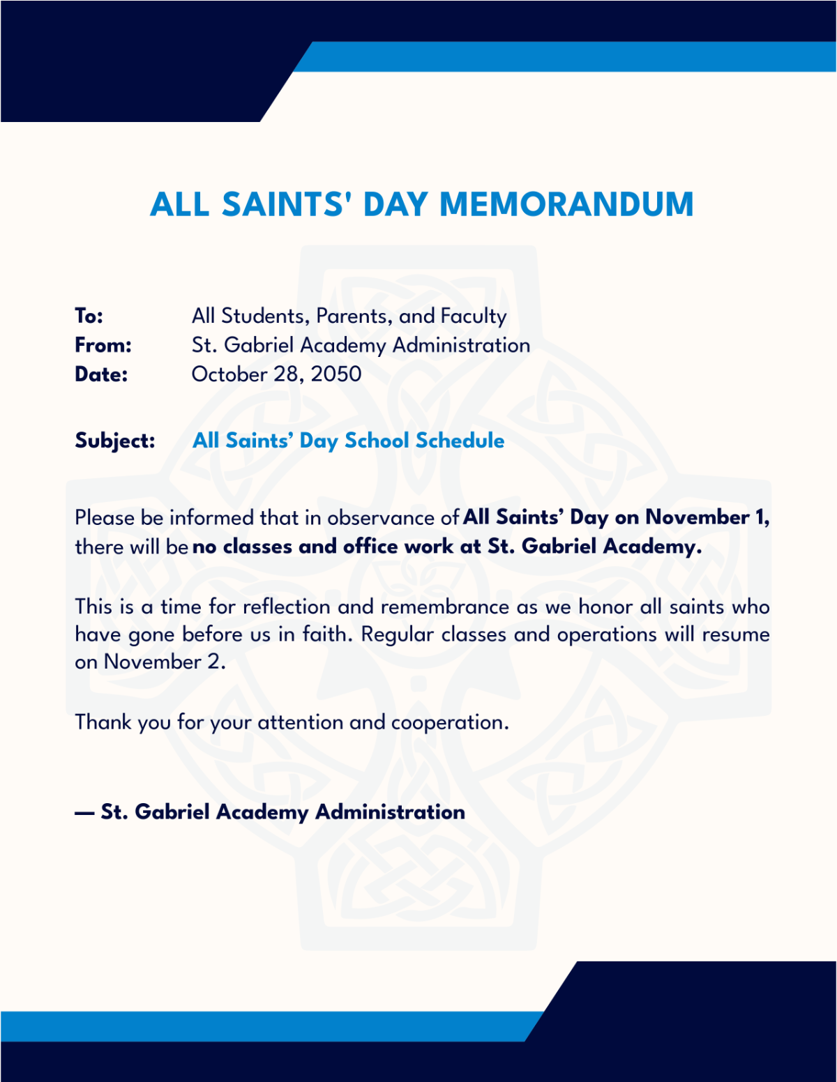 Modern All Saints' Day Memo