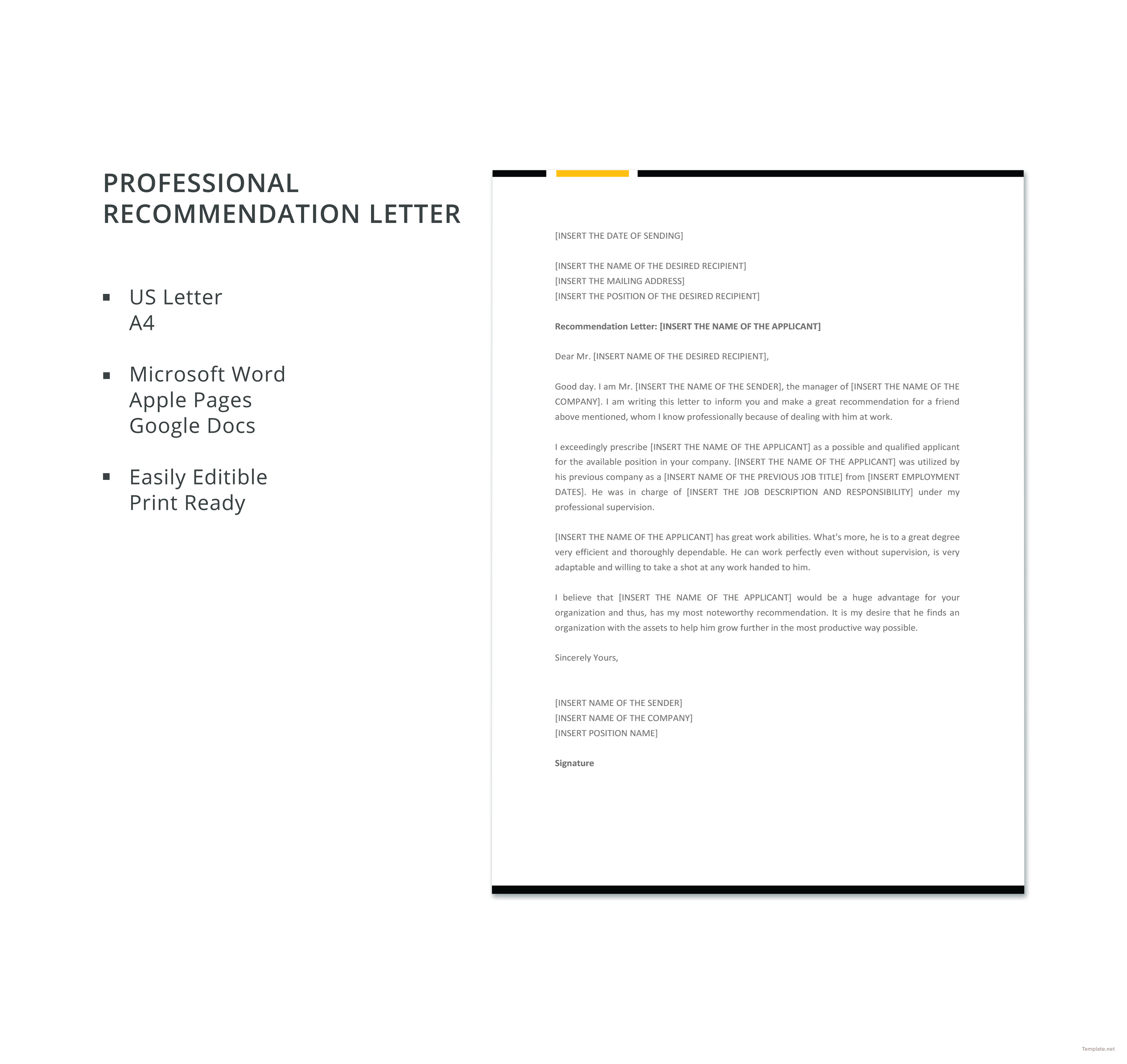 Free Professional Recommendation Letter Template in Microsoft Word