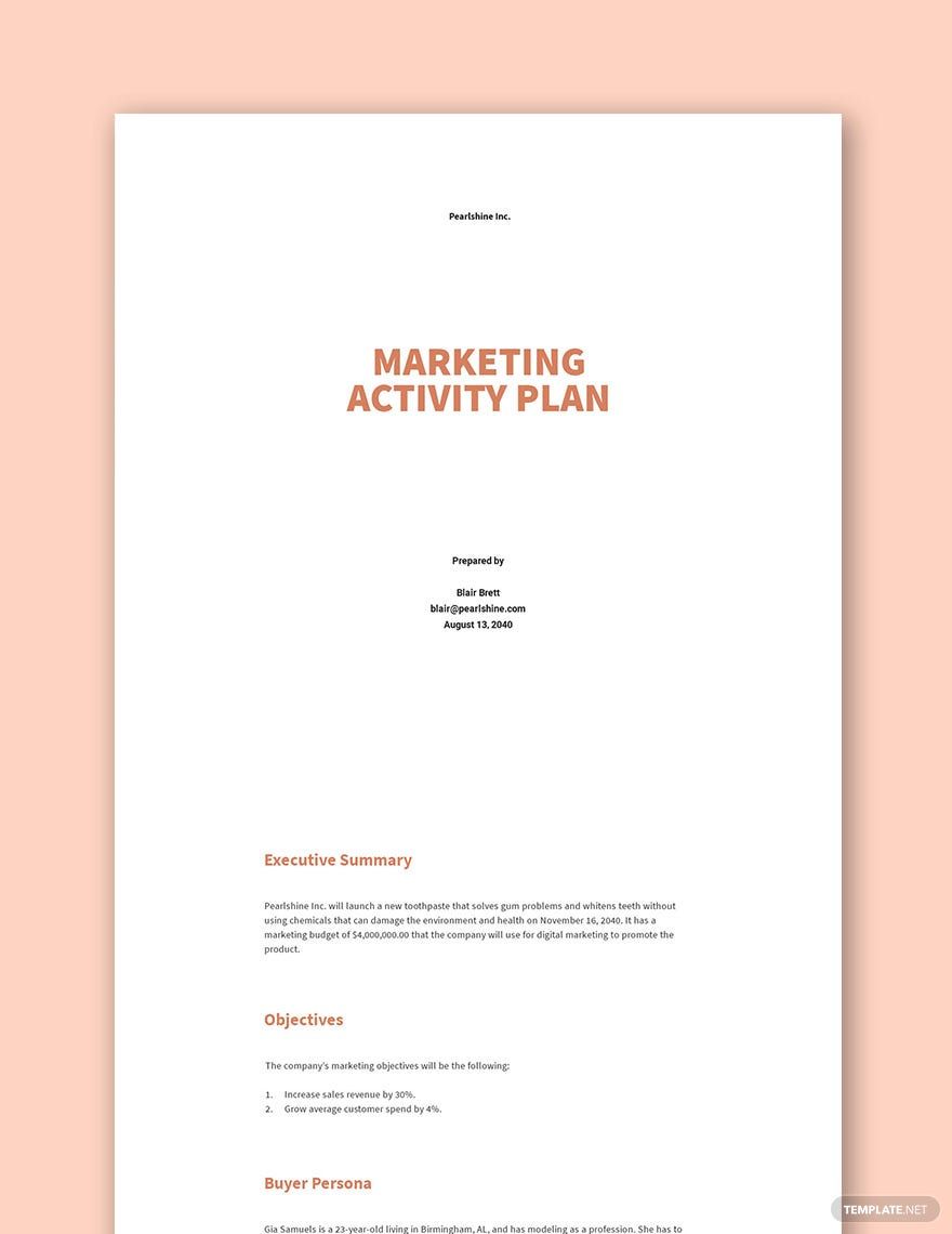 Marketing Activity Plan Template Google Docs Word Apple Pages 