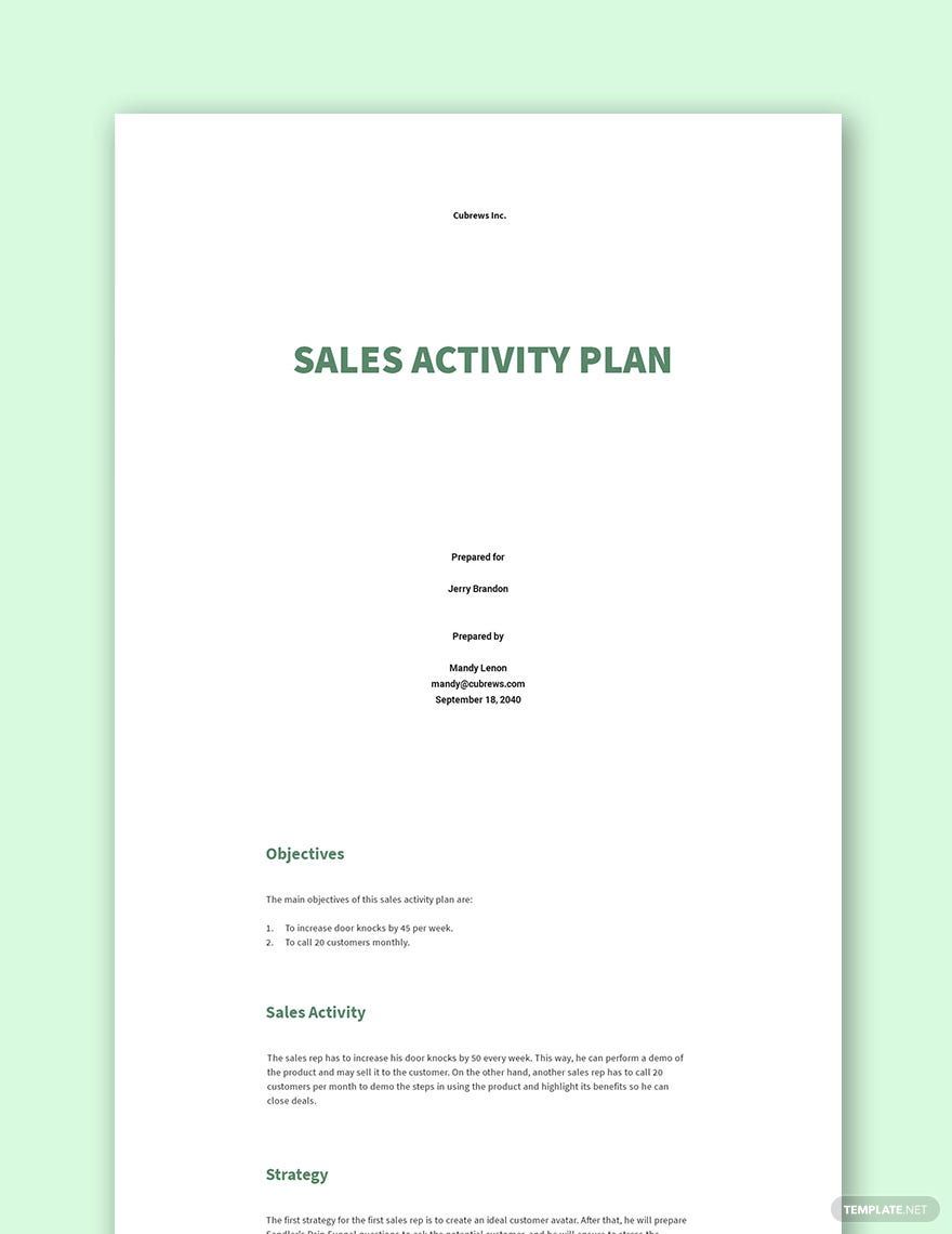 Sales Activity Plan Template Google Docs Word Template