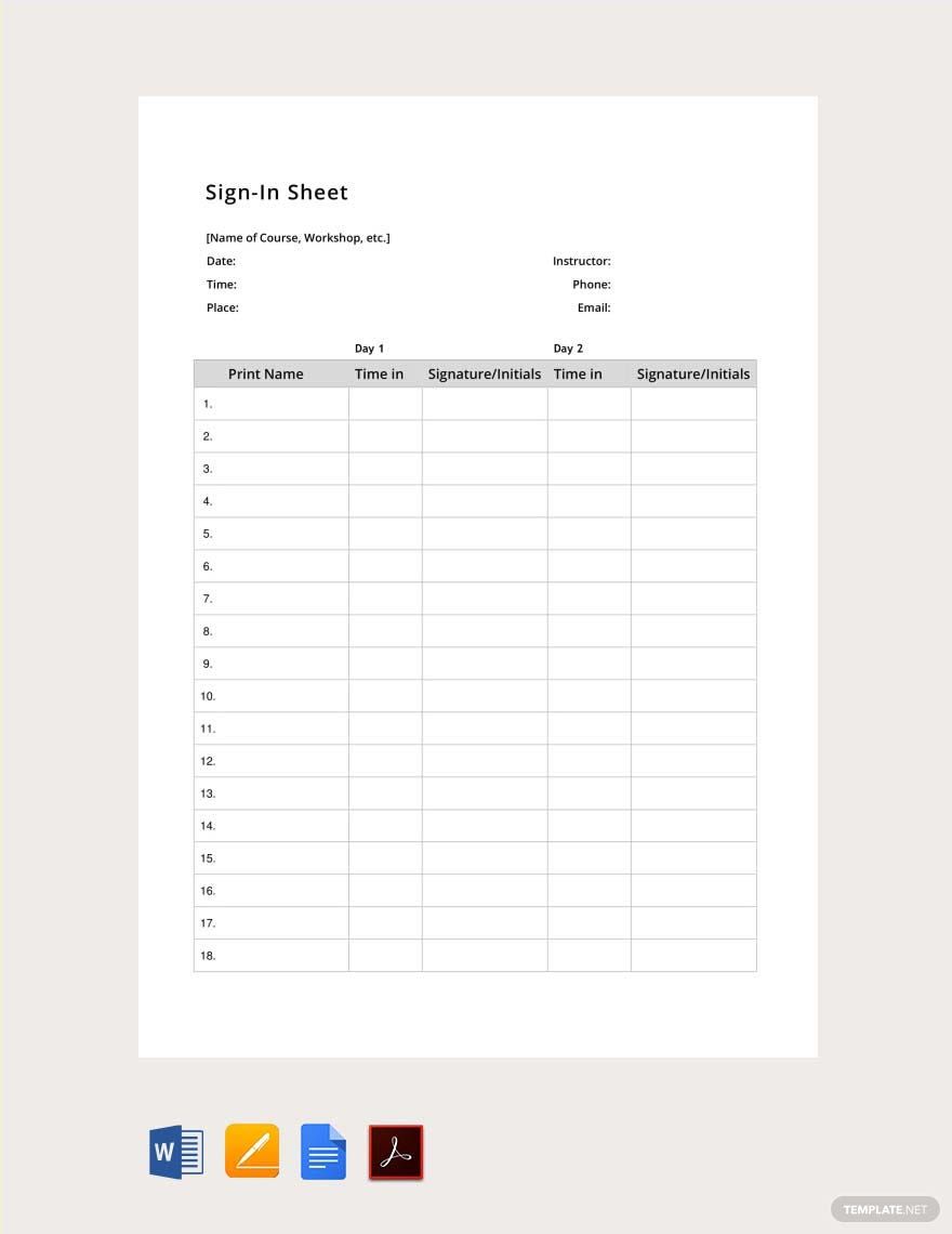Sample Sign In Sheet Template