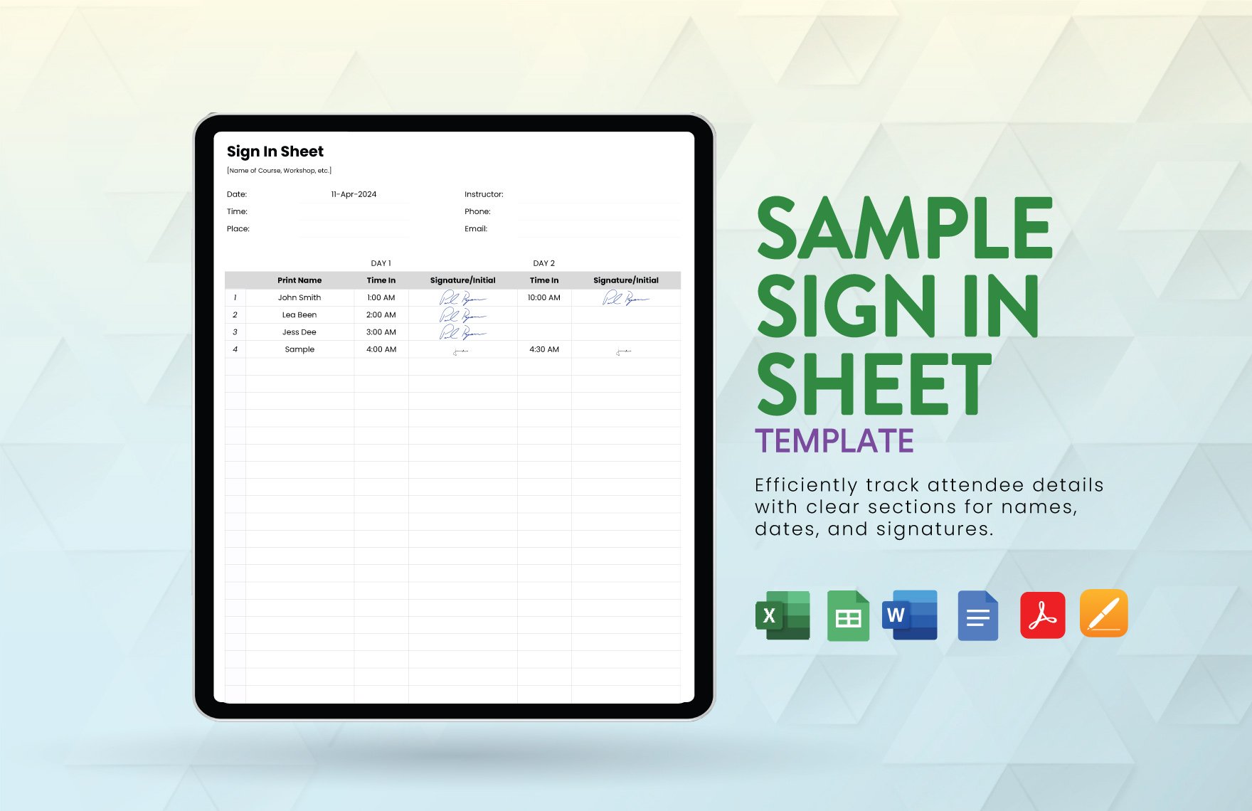 Sample Sign In Sheet Template in Word, Google Docs, Excel, PDF, Google Sheets, Apple Pages